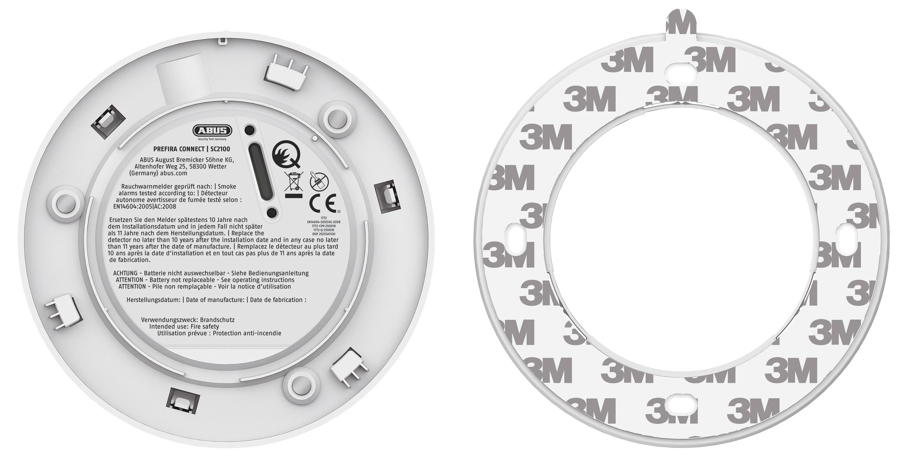ABUS Montageplatte mit 3M-Klebeschicht für Alarme und Melder. Zwei Ansichten angezeigt: Rückseite der Platte mit Beschriftungen und Klebseite.