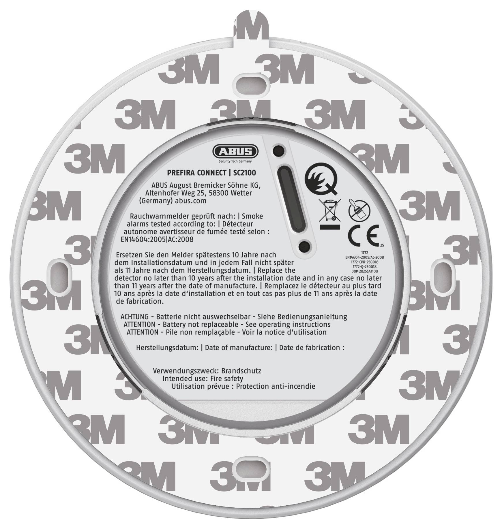 ABUS-Rauchwarnmelder-Sockel, beschriftet mit 'PRFIRA CONNECT SC2100', mit Montageplatte und sichtbaren Zertifizierungen wie CE und 3M-Klebstoff.