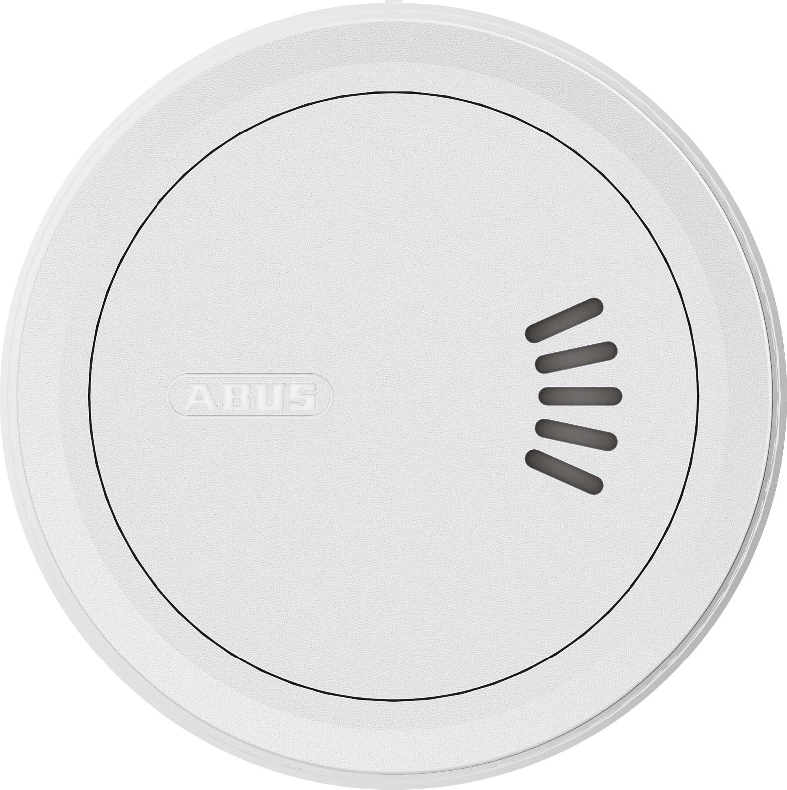 Ein runder, weißer Rauchmelder mit minimalem Design, mit einem kleinen Lüftungsmuster auf der rechten Seite.
