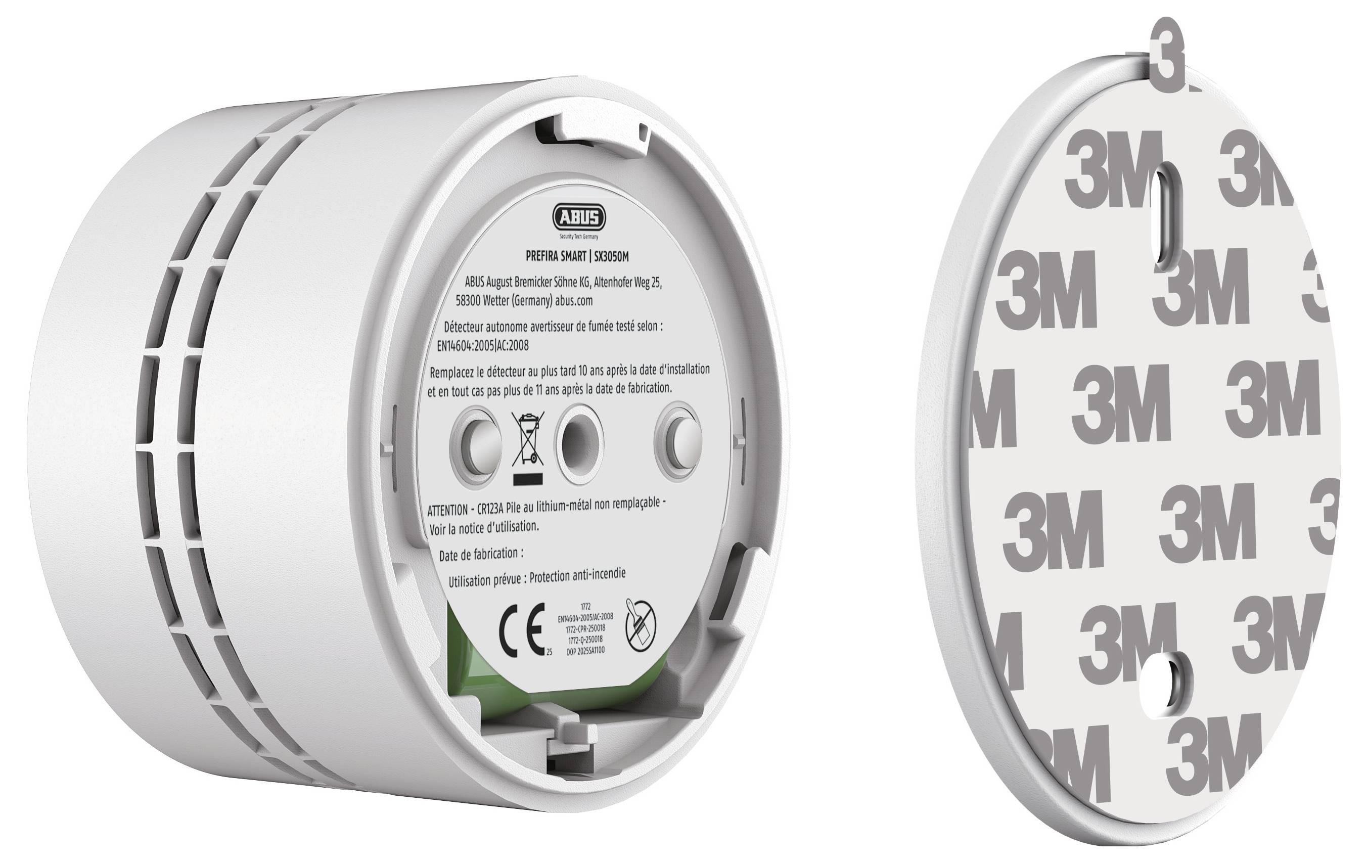 Ein runder, weißer Rauchmelder mit abnehmbarer Rückplatte mit 3M-Klebstoff, konzipiert für die Befestigung an der Decke ohne Schrauben.