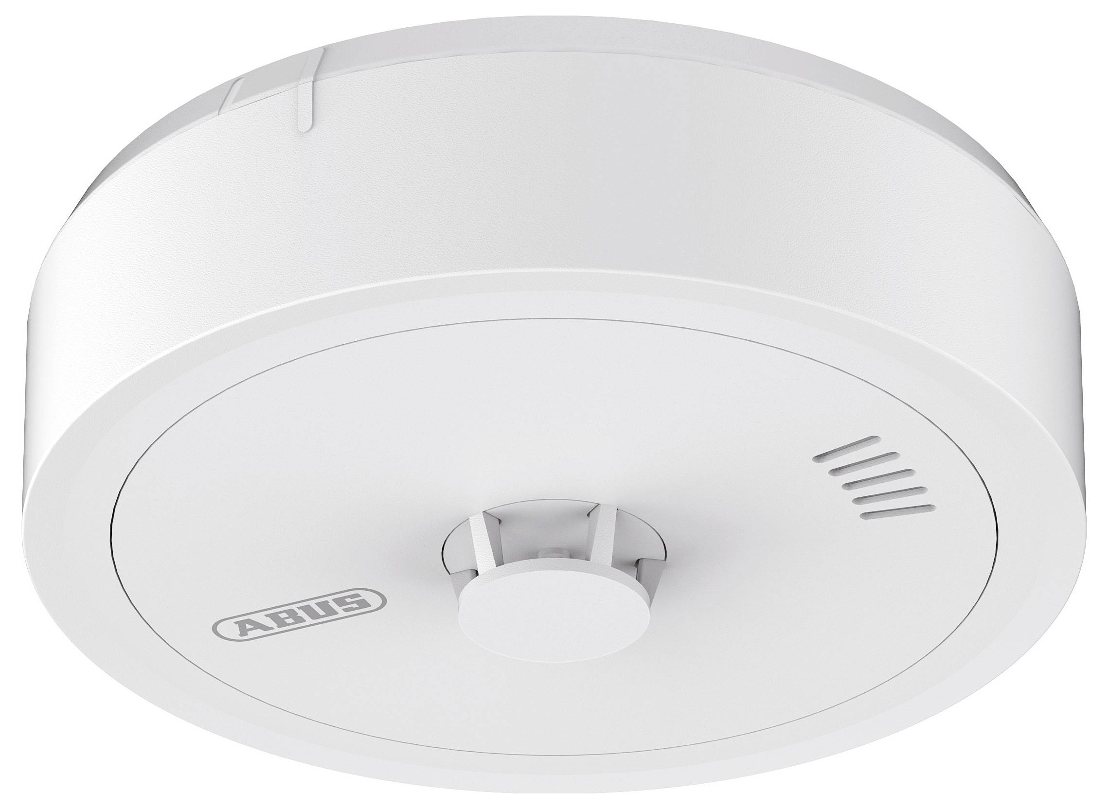 Rauchmelder an der Decke montiert, mit rundem weißem Gehäuse und kleinem zentralem Sensor.