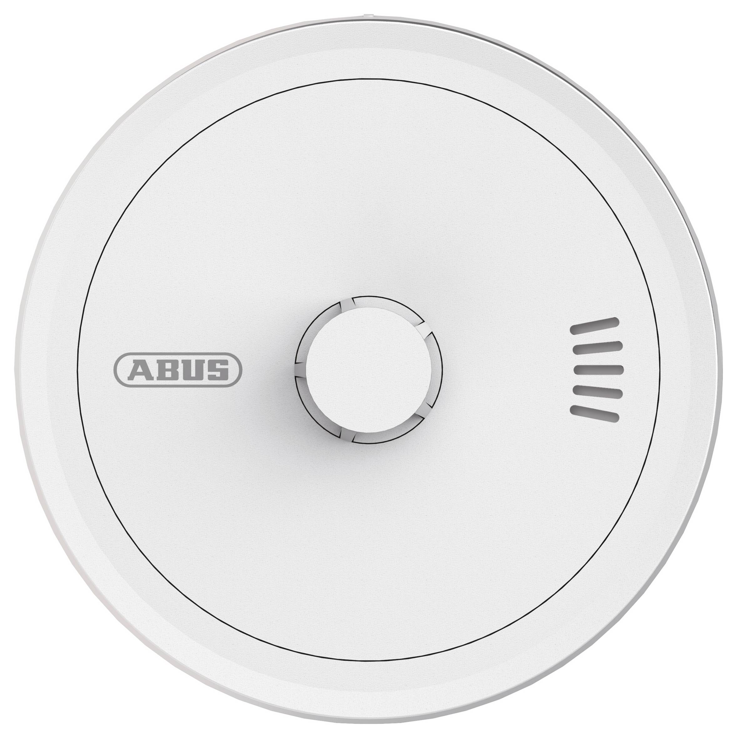 Ein runder weißer Rauchmelder mit dem Logo "ABUS" auf der linken Seite und drei kleinen Lüftungsschlitzen auf der rechten Seite.