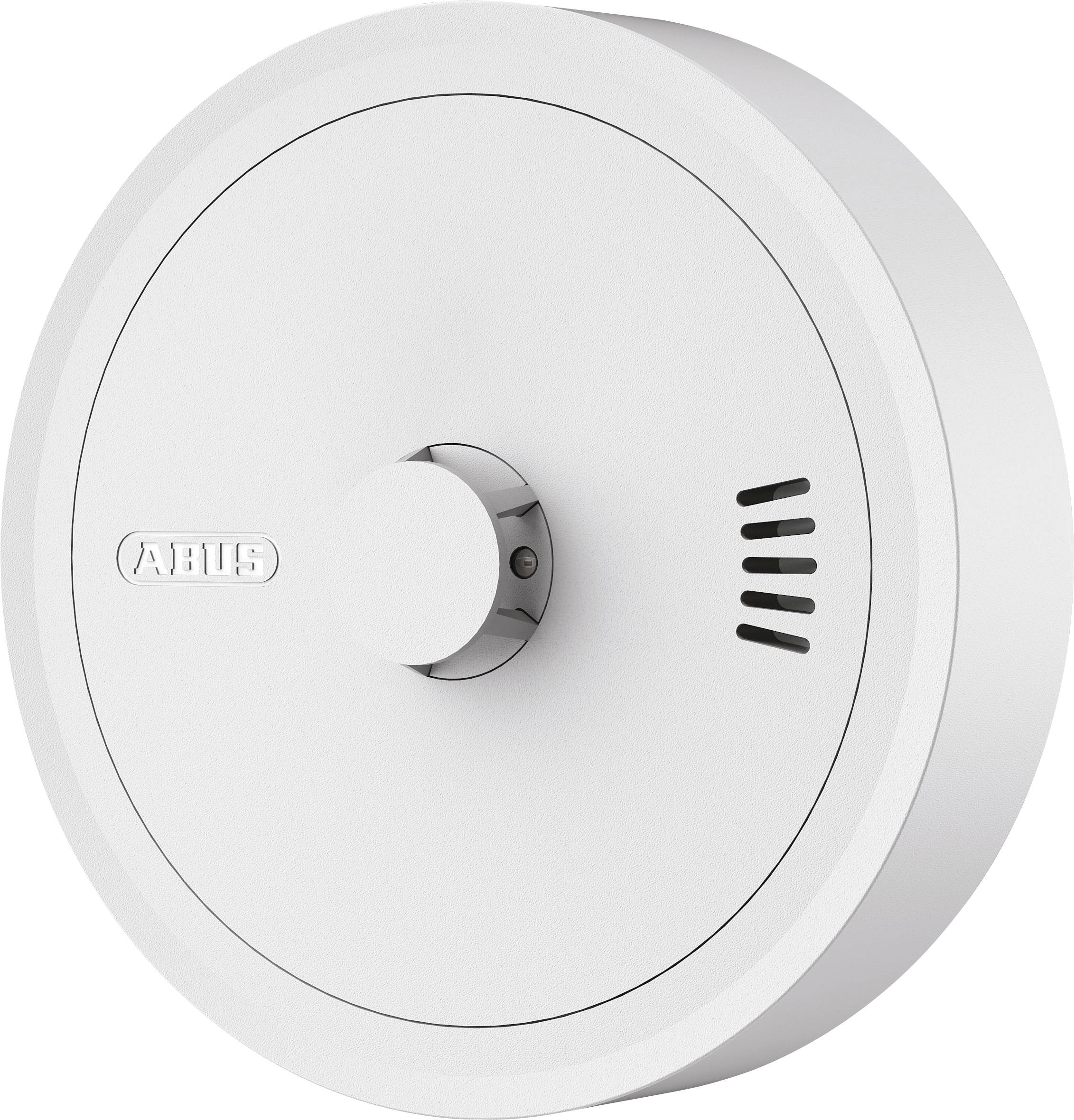 Ein weißer, runder Rauchmelder mit einer zentralen Taste und Belüftungsschlitzen, auf dem der Markenname angezeigt wird.