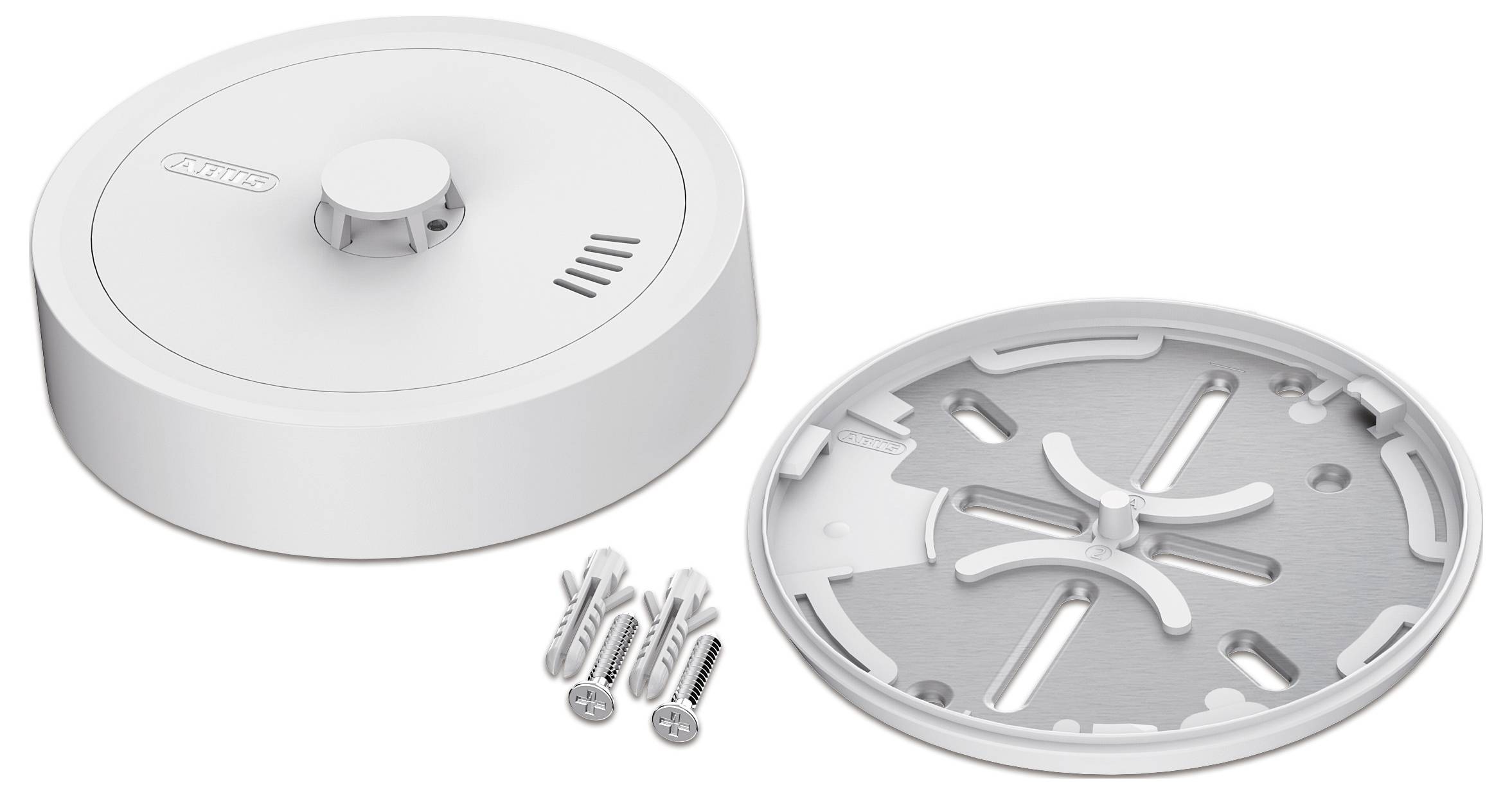 Rauchwarnmelder mit Montagebügel und Schrauben.