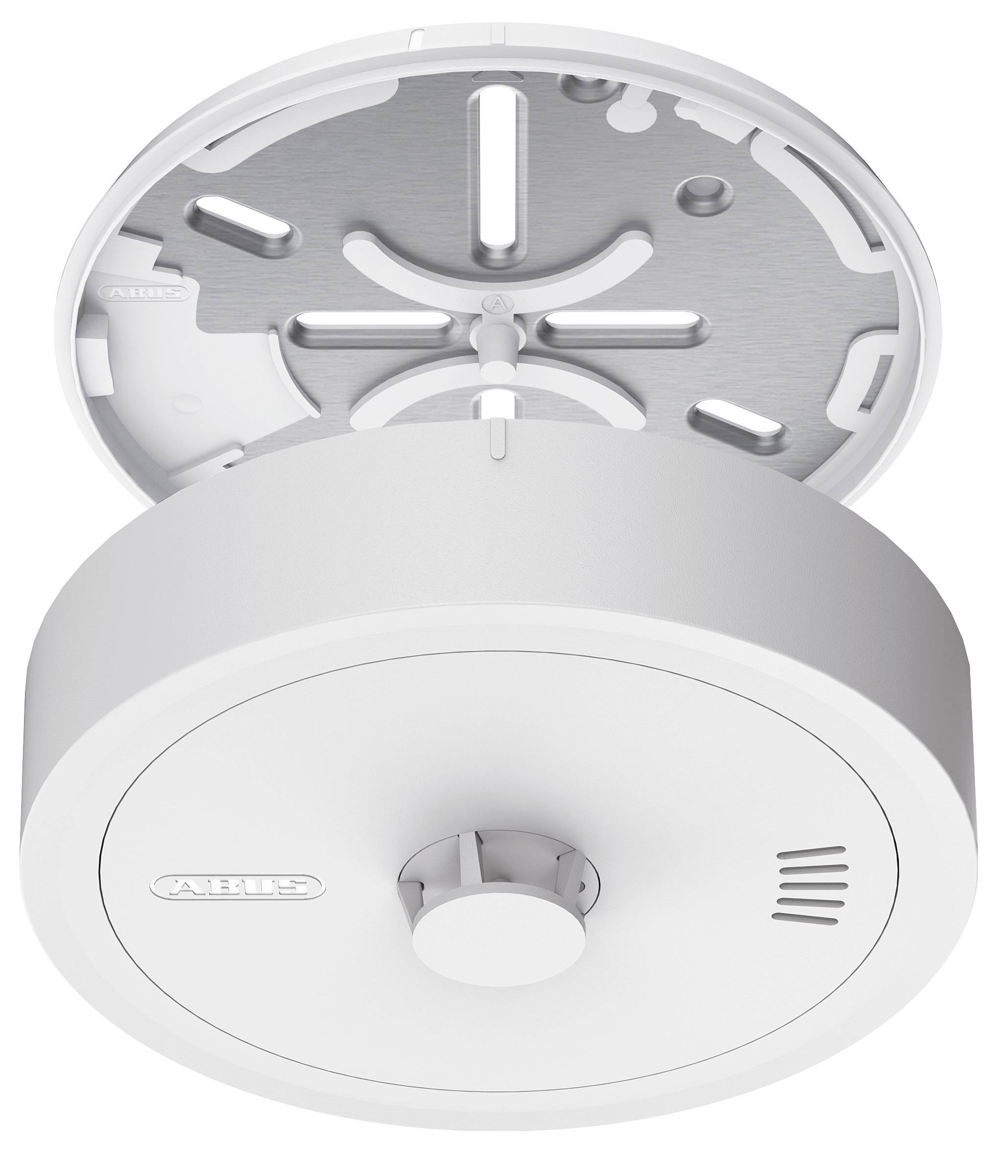 Rauchmelder mit kreisförmigem Design, deckenmontiert, mit einer Mitteltaste und Belüftungsöffnungen.