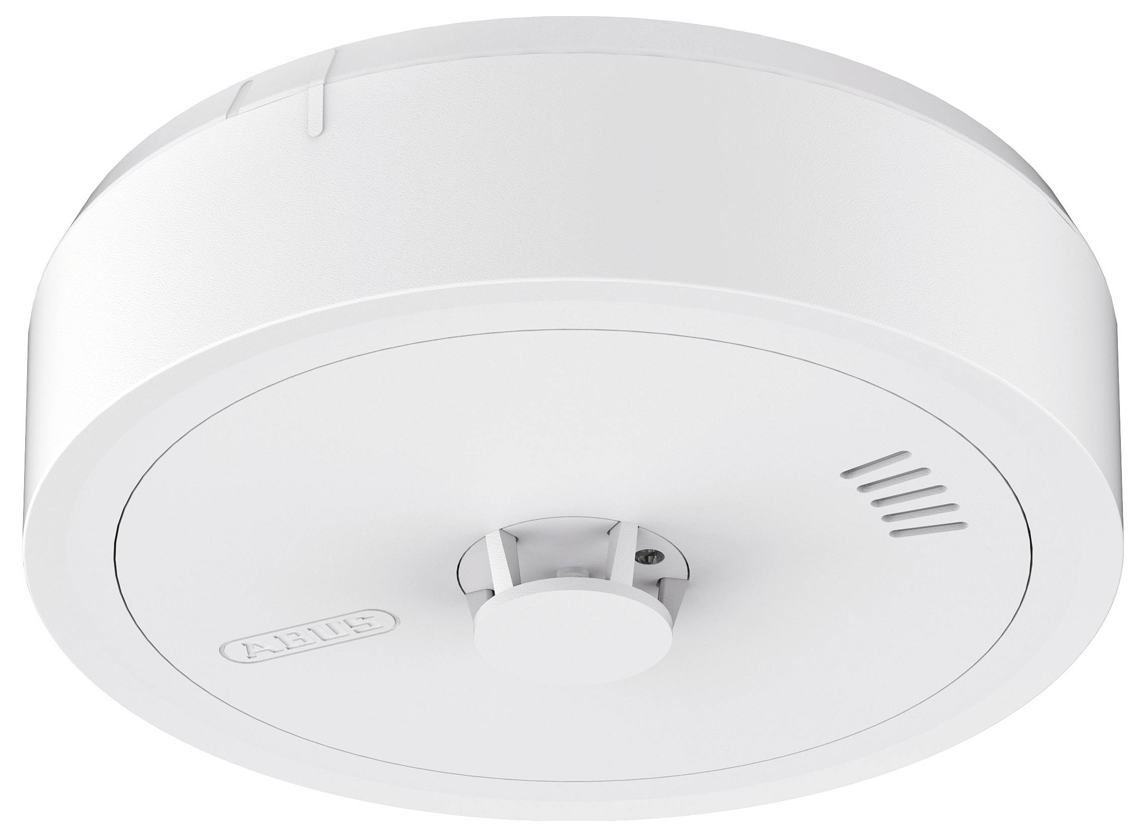 Ein runder, weißer Rauchmelder mit einem zentralen Sensor und Belüftungsschlitzen, an der Decke montiert.