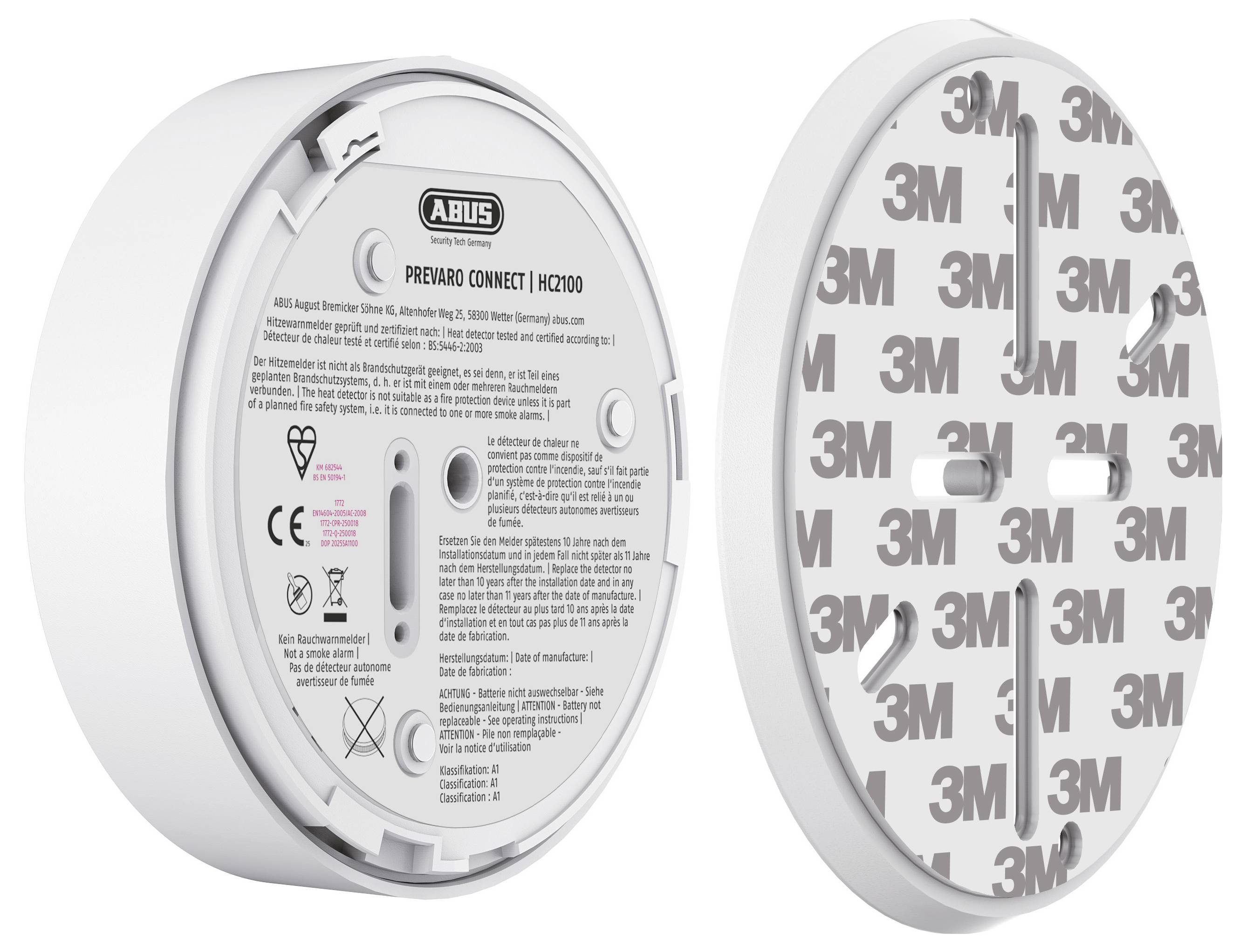 Zwei runde Rauchmelder, einer mit detailliertem Produktetikett mit Markenname und Zertifizierungssymbolen, der andere zeigt eine 3M-Klebefläche.