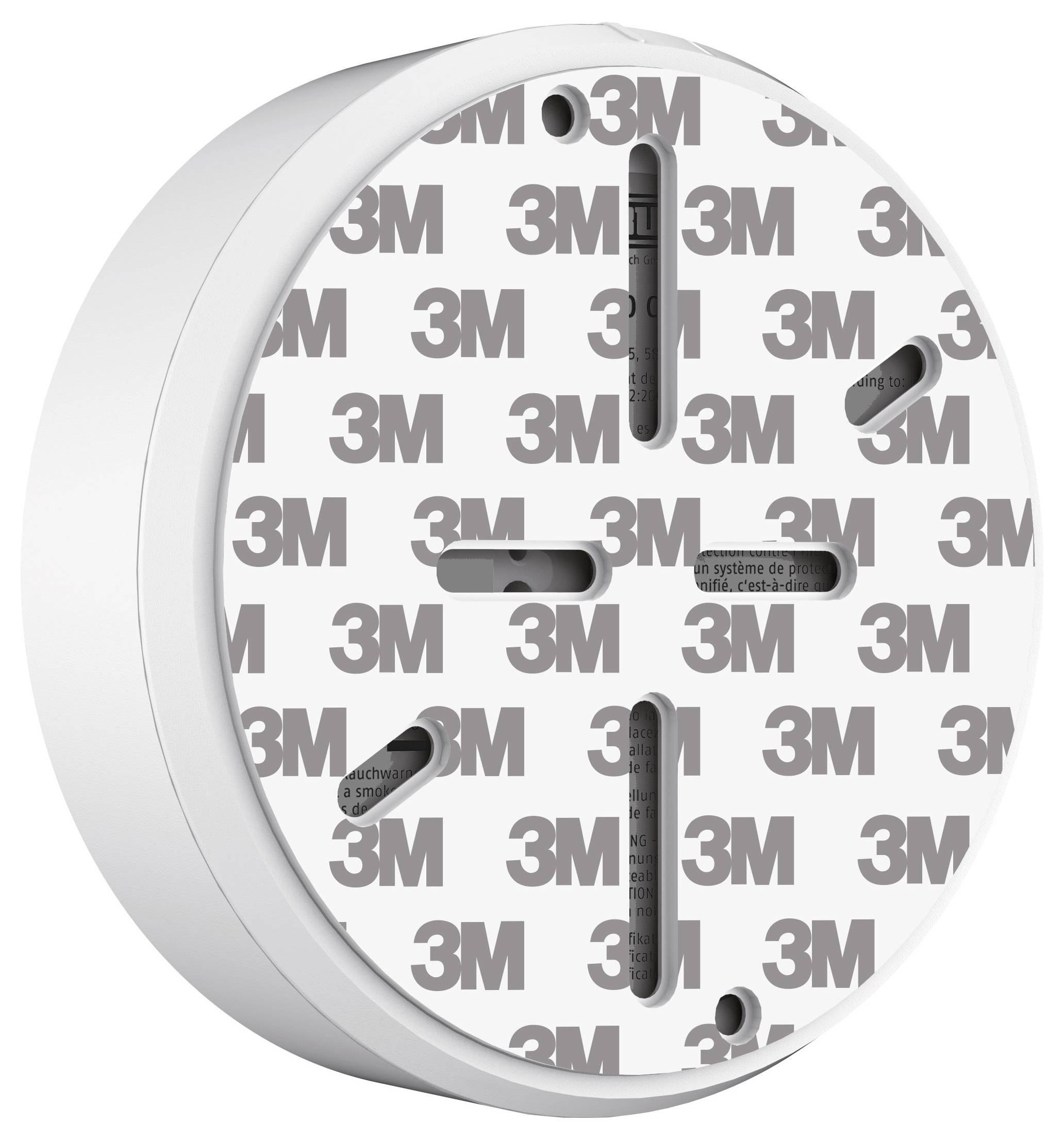 Ein rundes 3M-Haftpad zum Anbringen an der Wand mit mehreren Schlitzen für verstellbare Positionierung.