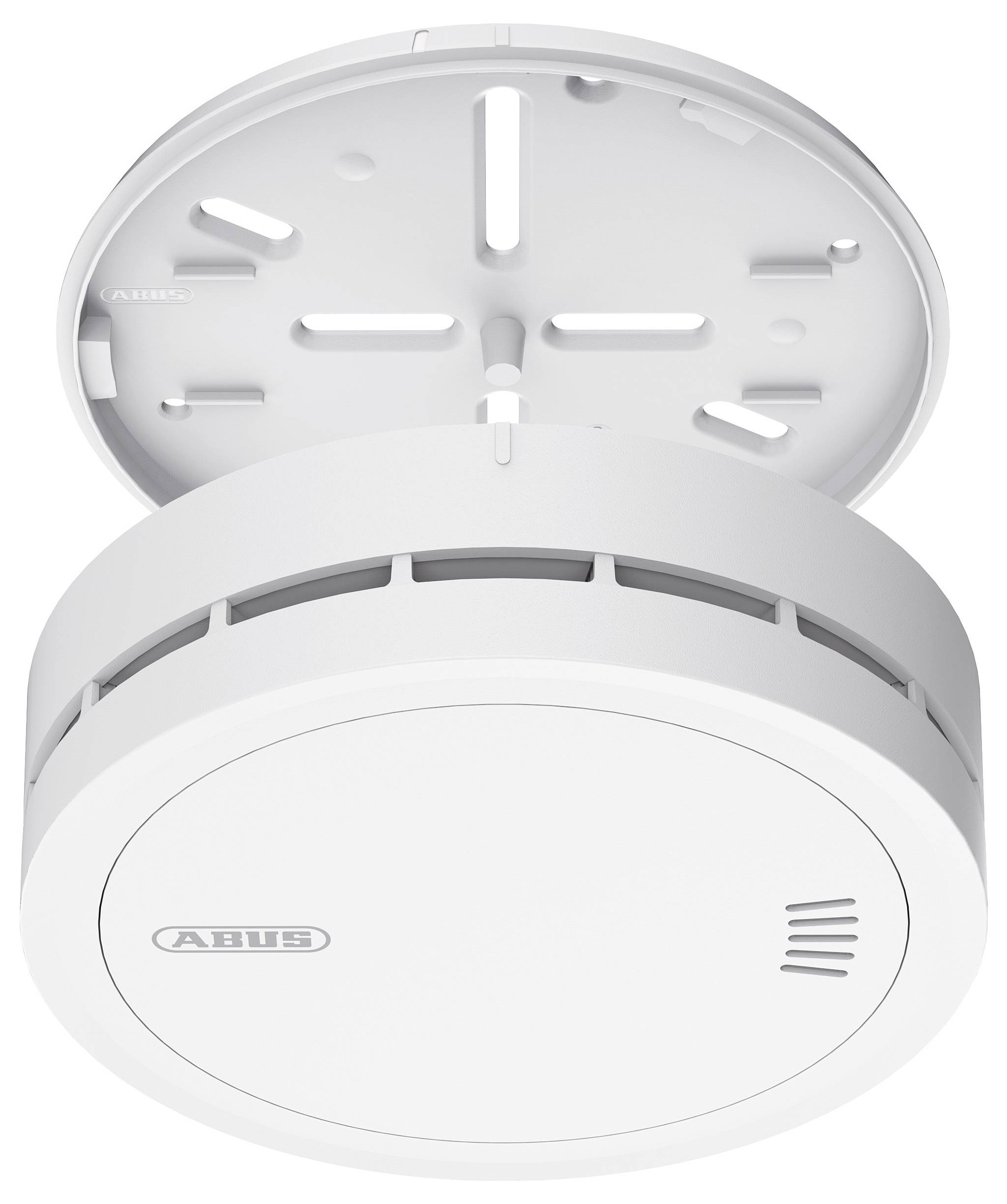 Ein weißer Rauchmelder von ABUS mit abgenommenem Montagehalter, zeigt Lüftungsschlitze und Testknopf.