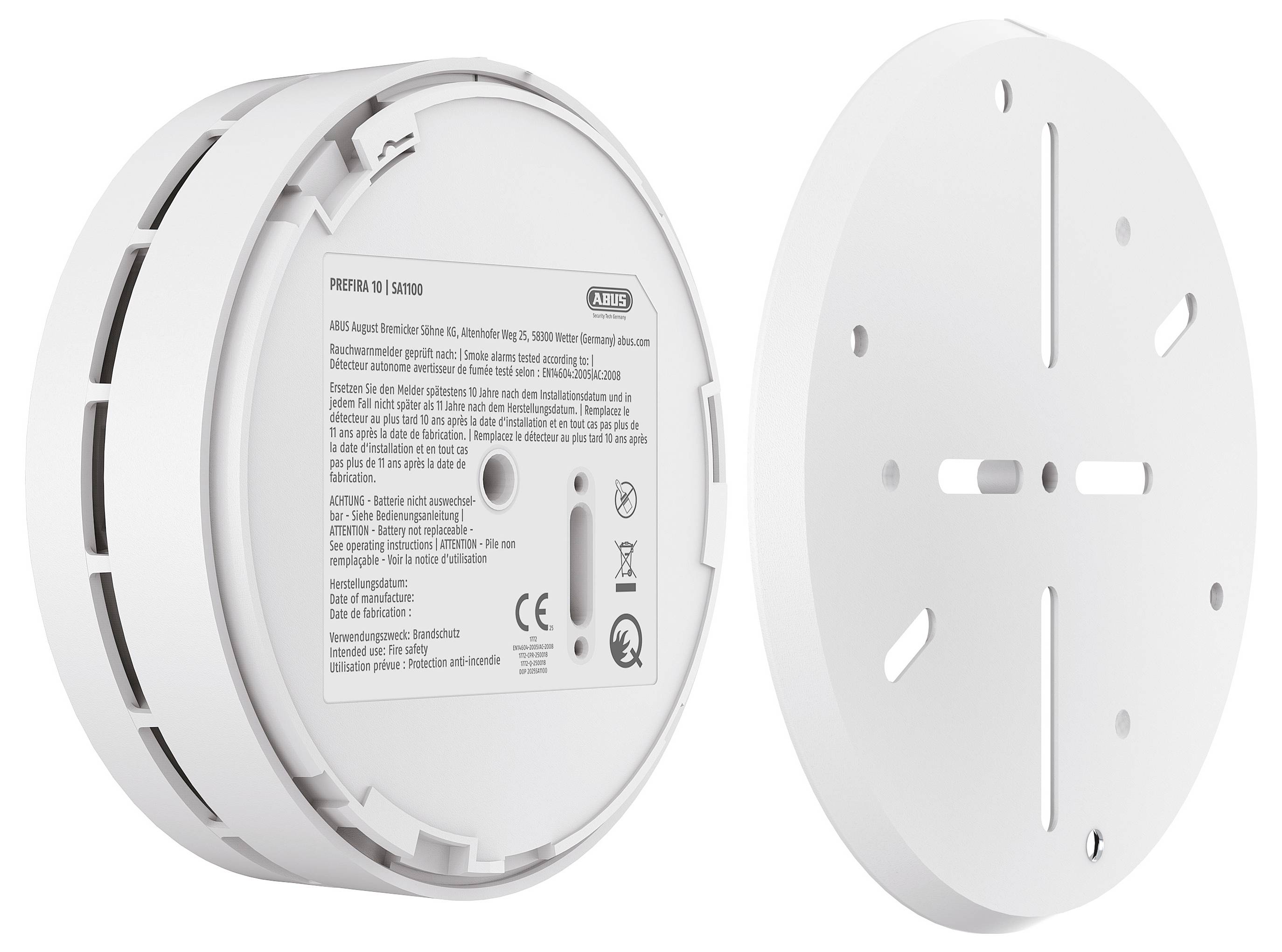 Rauchmelder von ABUS, Modell PRIVEST RM1000, in Weiß. Zeigt Front- und Rückansicht mit Schlitzen und Halterung.