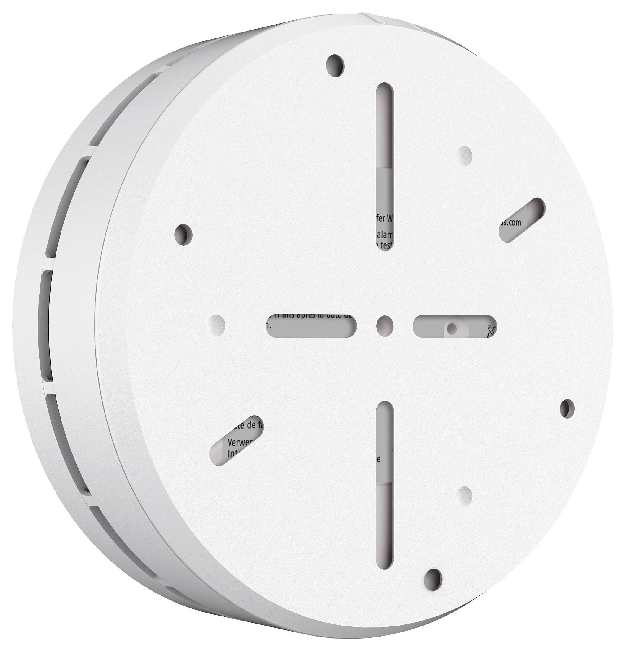 Runder, weißer Rauchmelder mit Lüftungsschlitzen und Schraubenlöchern zur Deckenmontage.