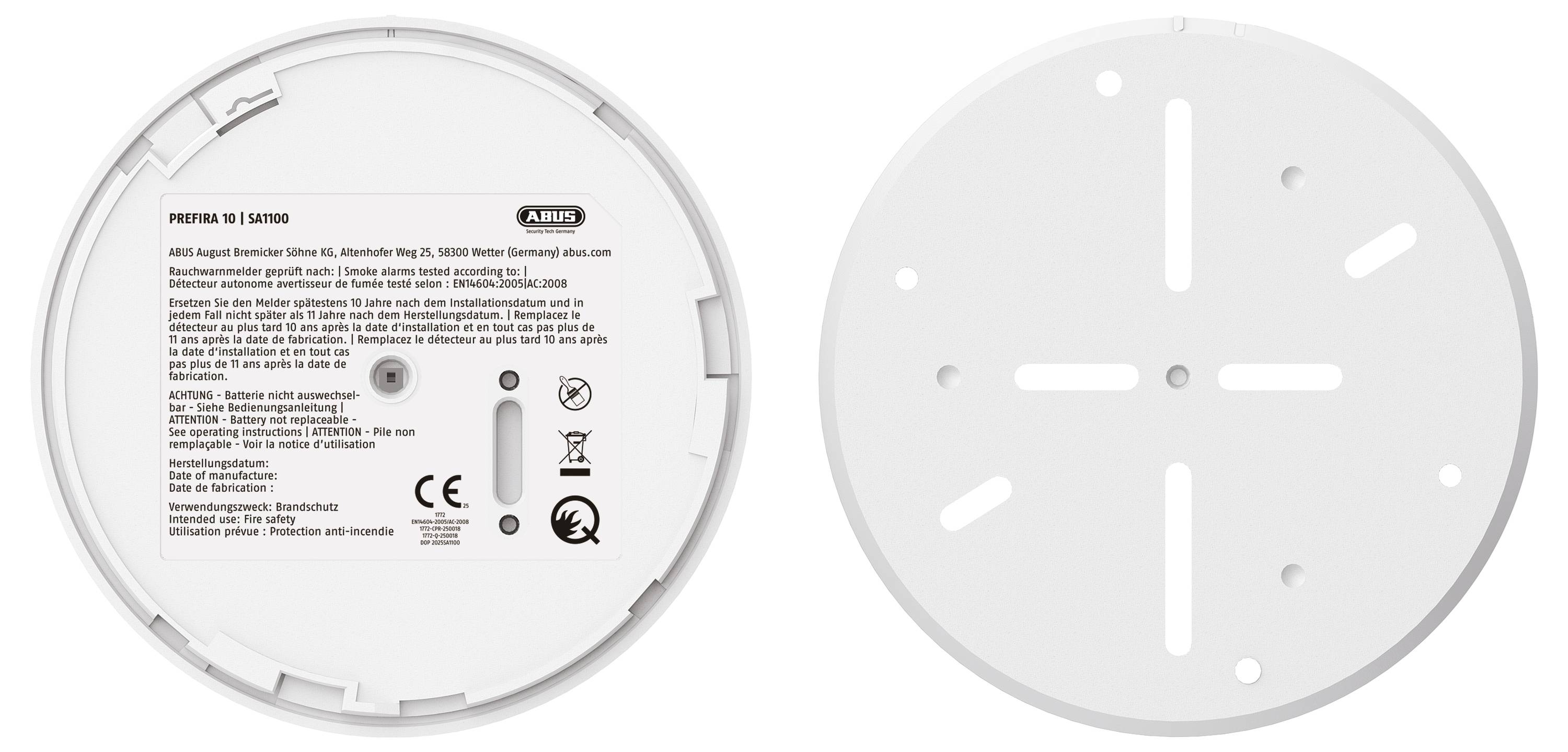 Zwei runde Rückseiten von Rauchmeldern. Links mit Herstellerinformationen und Sicherheitskennzeichnungen, rechts mit Schlitzen zur Befestigung.