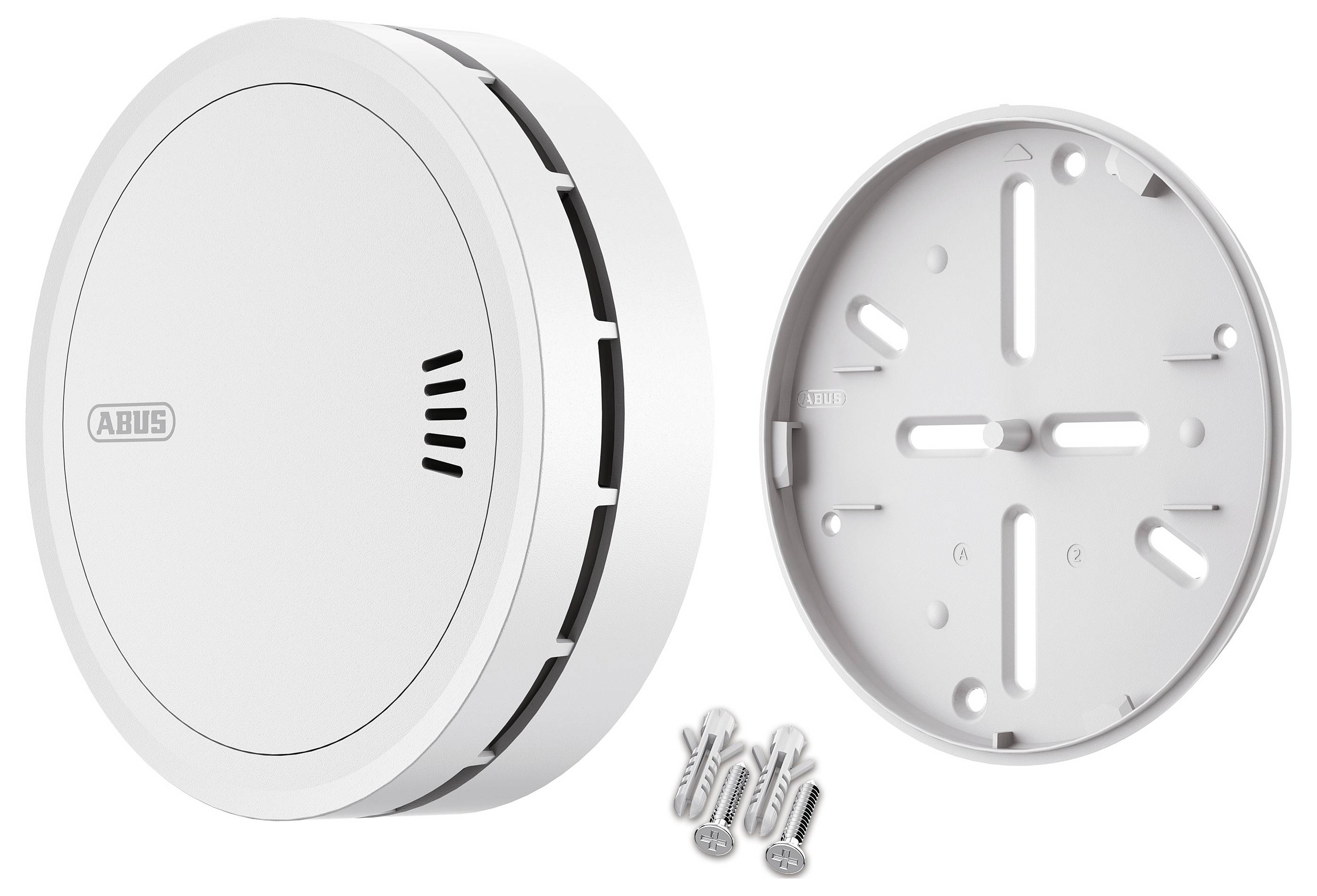 Runder, weißer Rauchmelder und Montageplatte mit beiliegenden Schrauben, von der Marke ABUS.