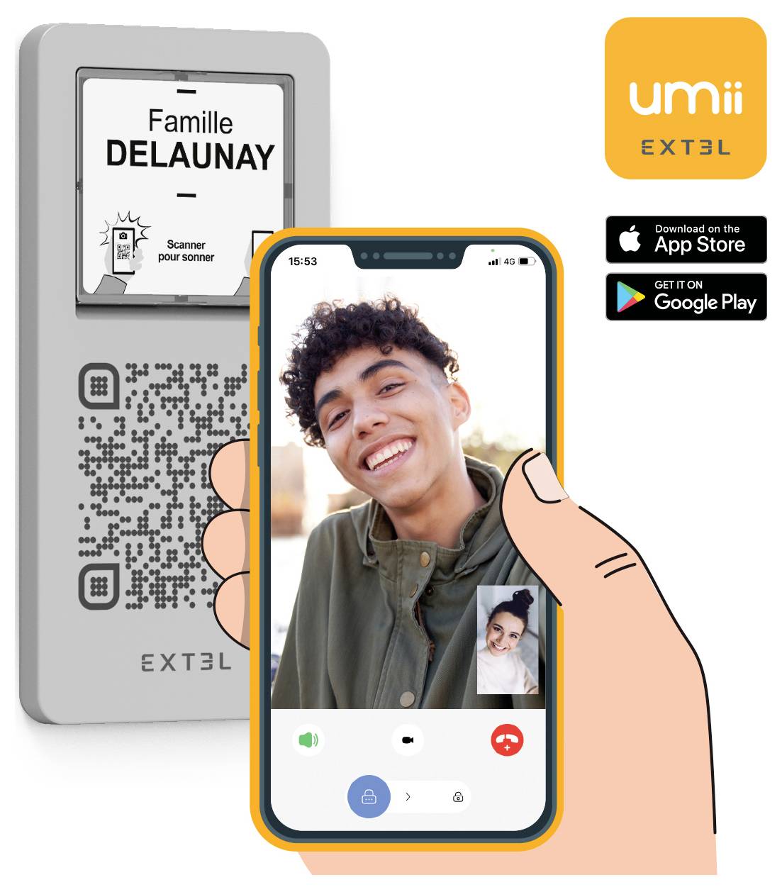 Eine Hand hält ein Smartphone, das einen Videoanruf mit einer Lieferperson zeigt, die den Daumen nach oben gibt, während sie Pakete hält.