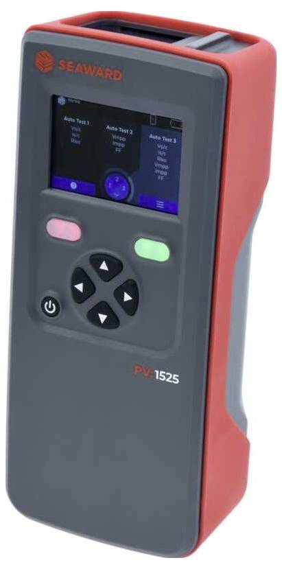 Ein tragbares elektronisches Gerät mit einem Bildschirm, auf dem Testoptionen angezeigt werden, Steuerungstasten und mit der Bezeichnung „Seaward PV150