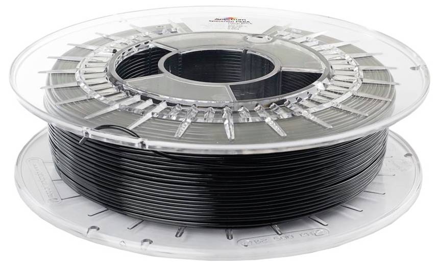 Spule mit schwarzem 3D-Drucker-Filament auf einer transparenten Kunststoffspule.