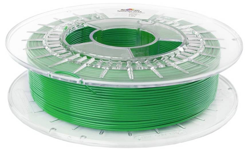 Eine Spule aus leuchtend grünem 3D-Druckfilament auf einer durchsichtigen Kunststoffspule, isoliert auf weißem Hintergrund dargestellt.