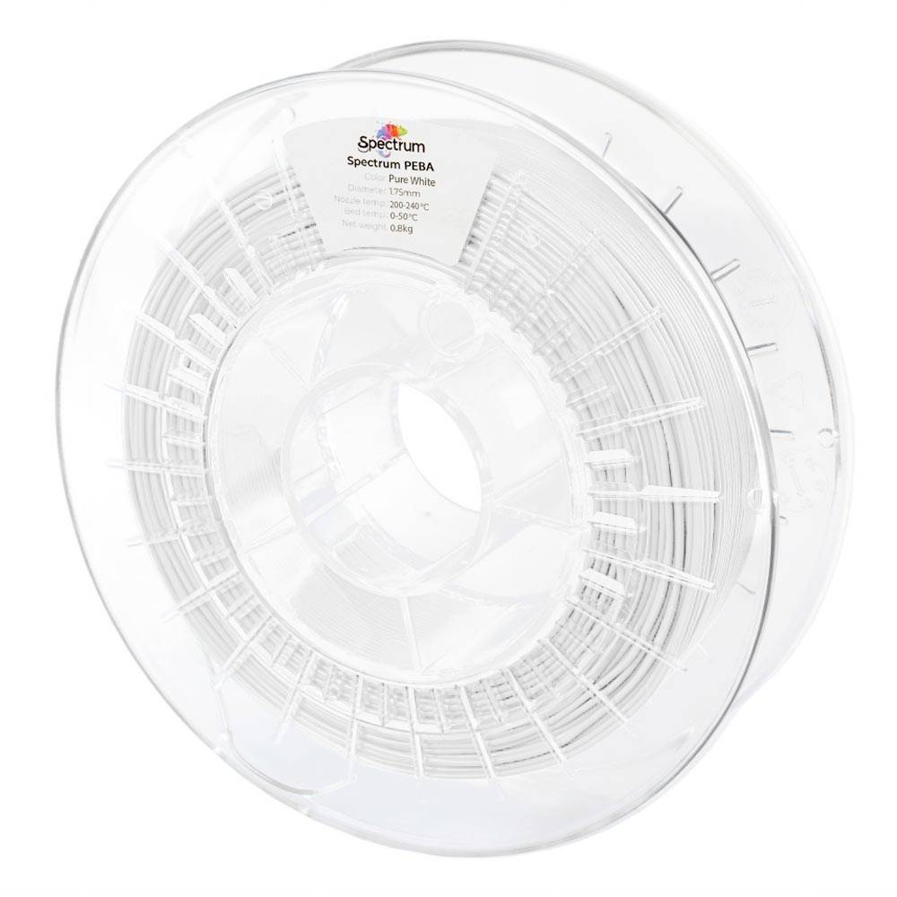 Durchsichtige Spule mit 3D-Drucker-Filament der Marke Spectrum Spectrum PEBA, Reinweiß, shown on a clear plastic reel.