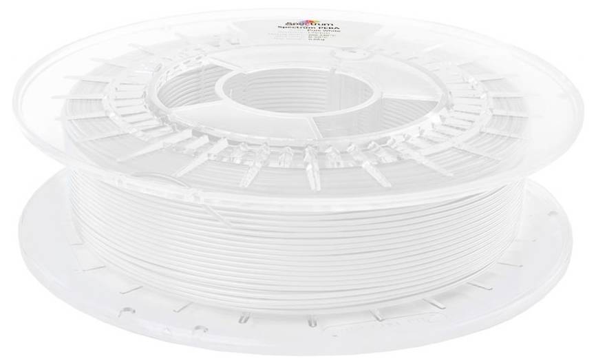 Große Spule mit weißem Kabel oder Filament, das auf einer Spule aufgewickelt ist, dargestellt in einem produktstylisierten Bild vor weißem Hintergrund.