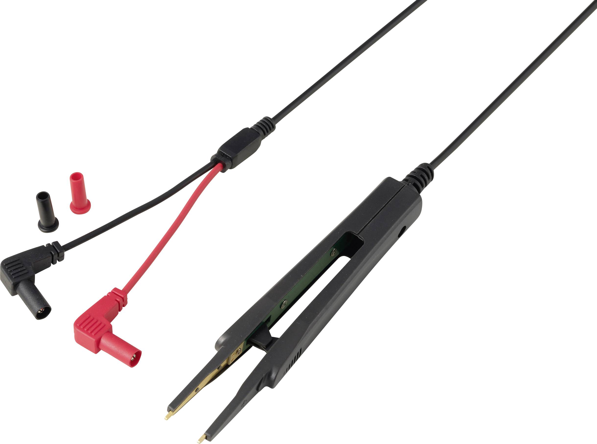 Schwarz-rote Multimeter-Messleitungen mit abgewinkelten Bananensteckern und isolierten Messspitzenkappen, gezeigt mit austauschbaren roten und schwarzen Steckerkappen.