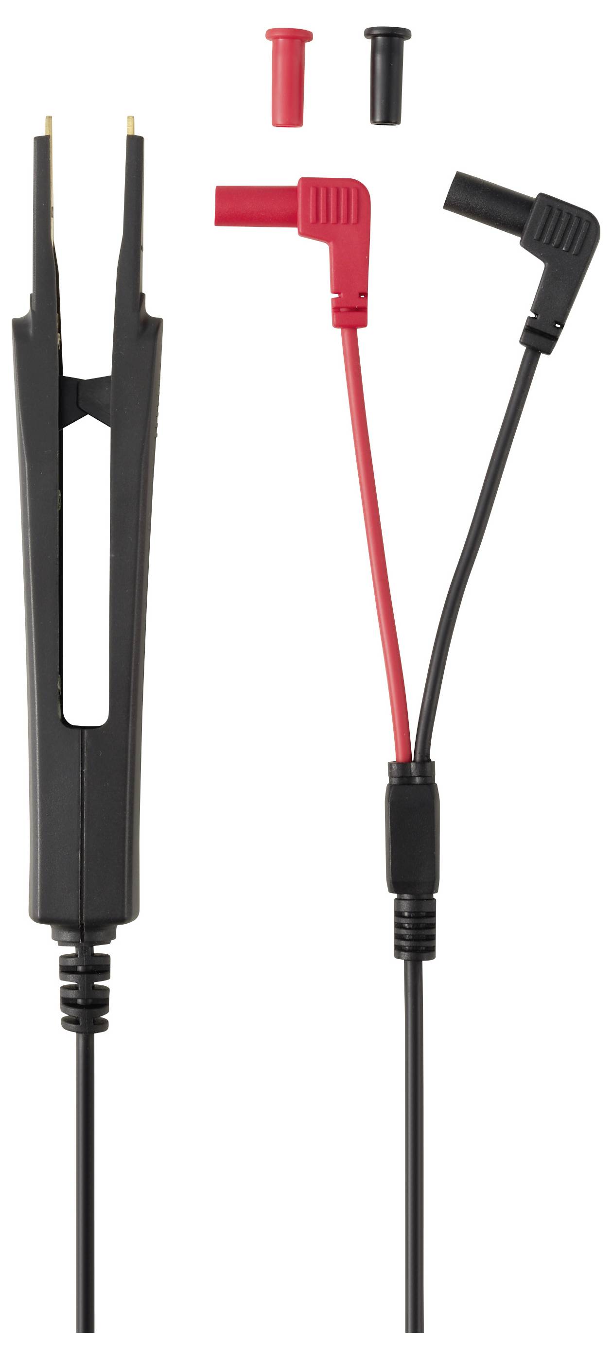 Zwei isolierte elektrische Messspitzen mit schützenden Spitzenkappen, dargestellt in Rot und Schwarz, zusammen mit einem schwarzen gegabelten Messspitzzenadapter.