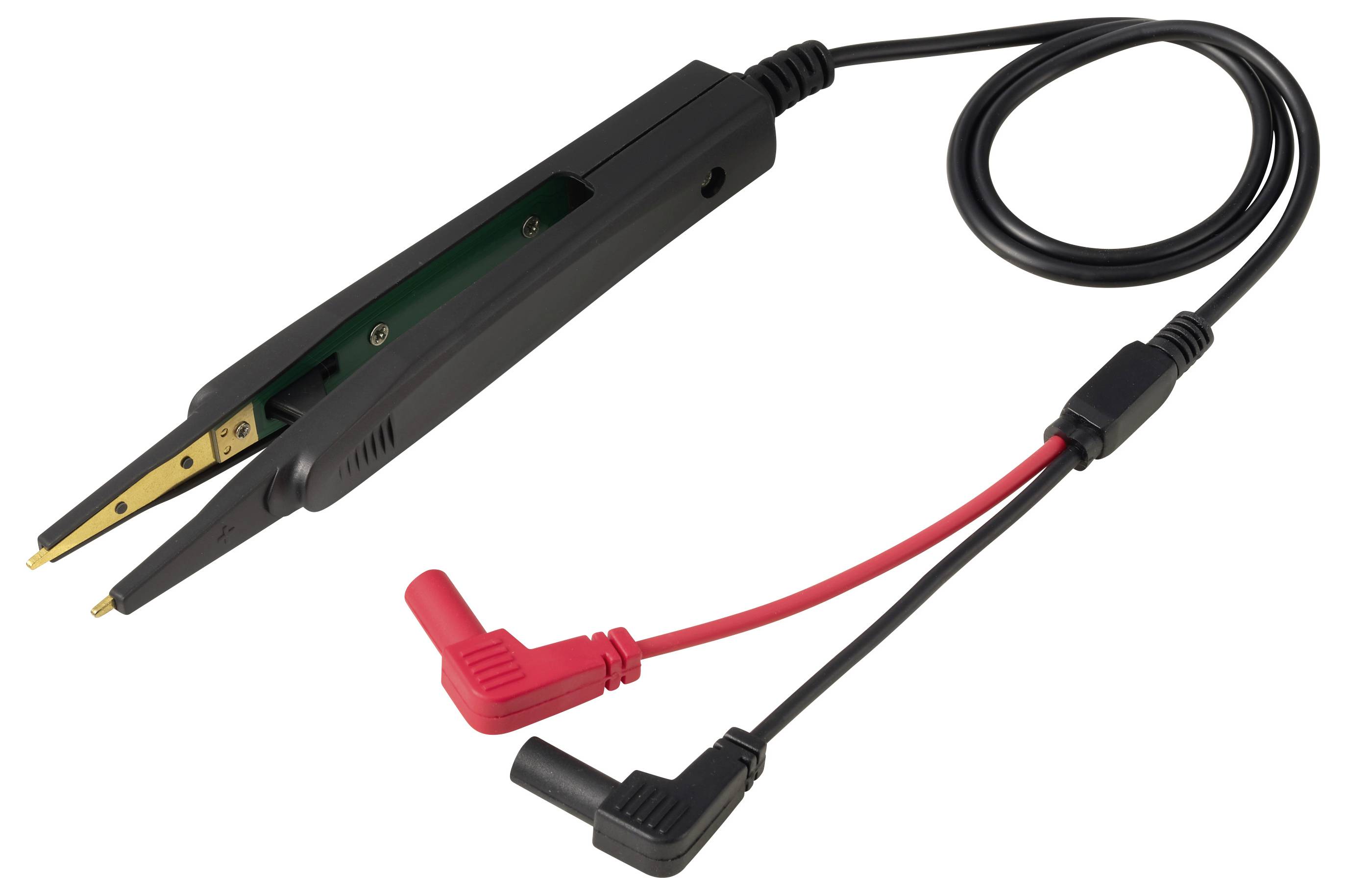 Eine schwarze elektronische Testmesssonde mit Goldspitzen und roten und schwarzen Klemmleitern, die durch Kabel verbunden sind.