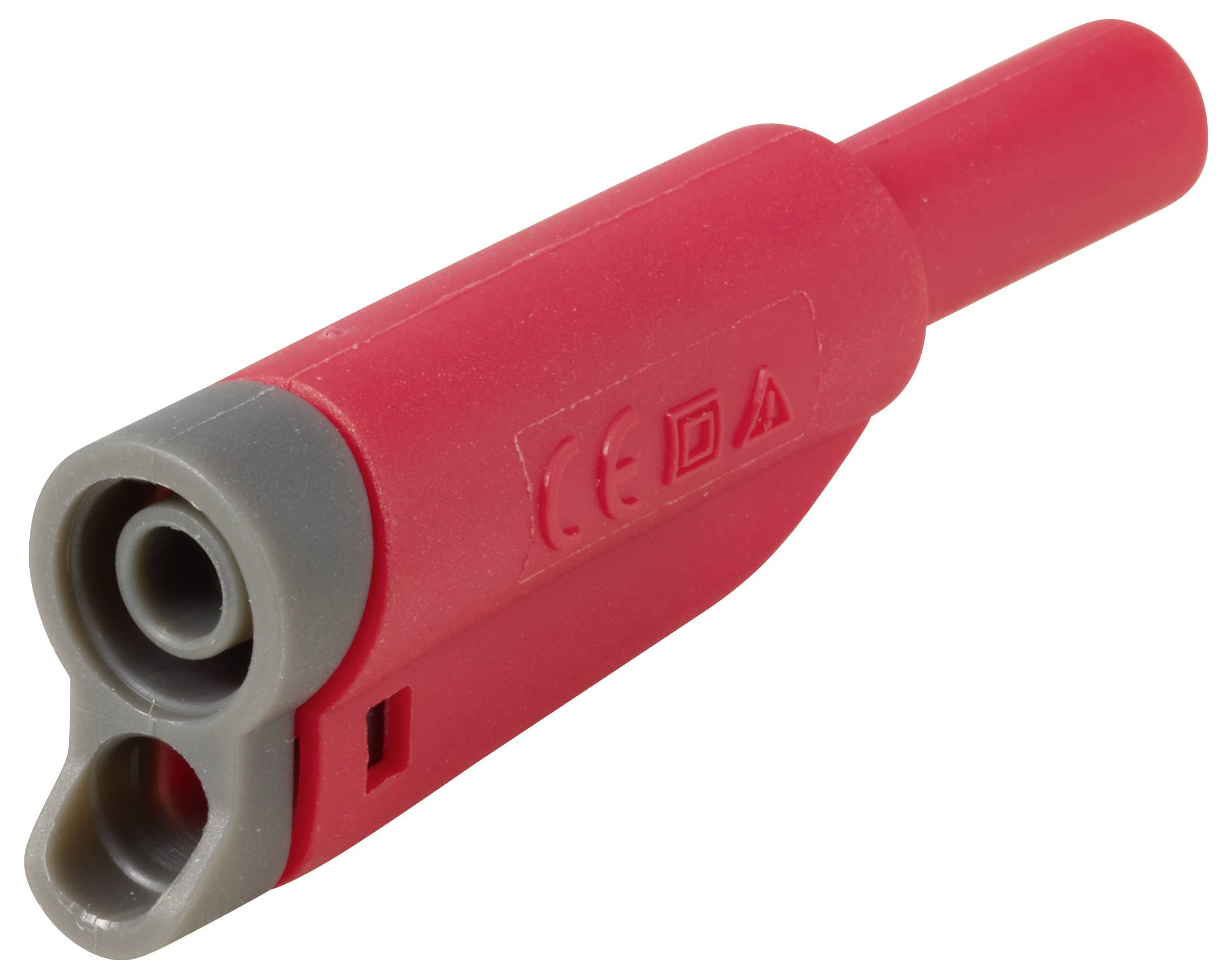 Roter Elektrik-Teststecker mit zwei runden weiblichen Buchsen und rotem isoliertem Gehäuse auf weißem Hintergrund.