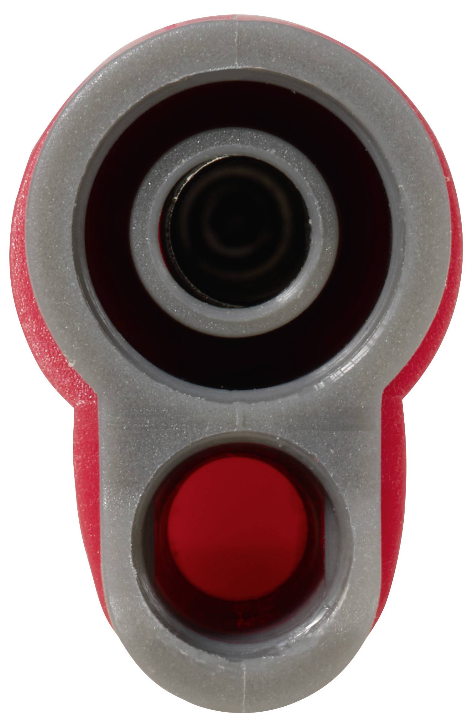 Nahaufnahme der Vorderseite eines kleinen rot-grau gefärbten Geräts mit einer kreisförmigen Öffnung und einem roten Knopf oder einer roten Anzeige darunter.
