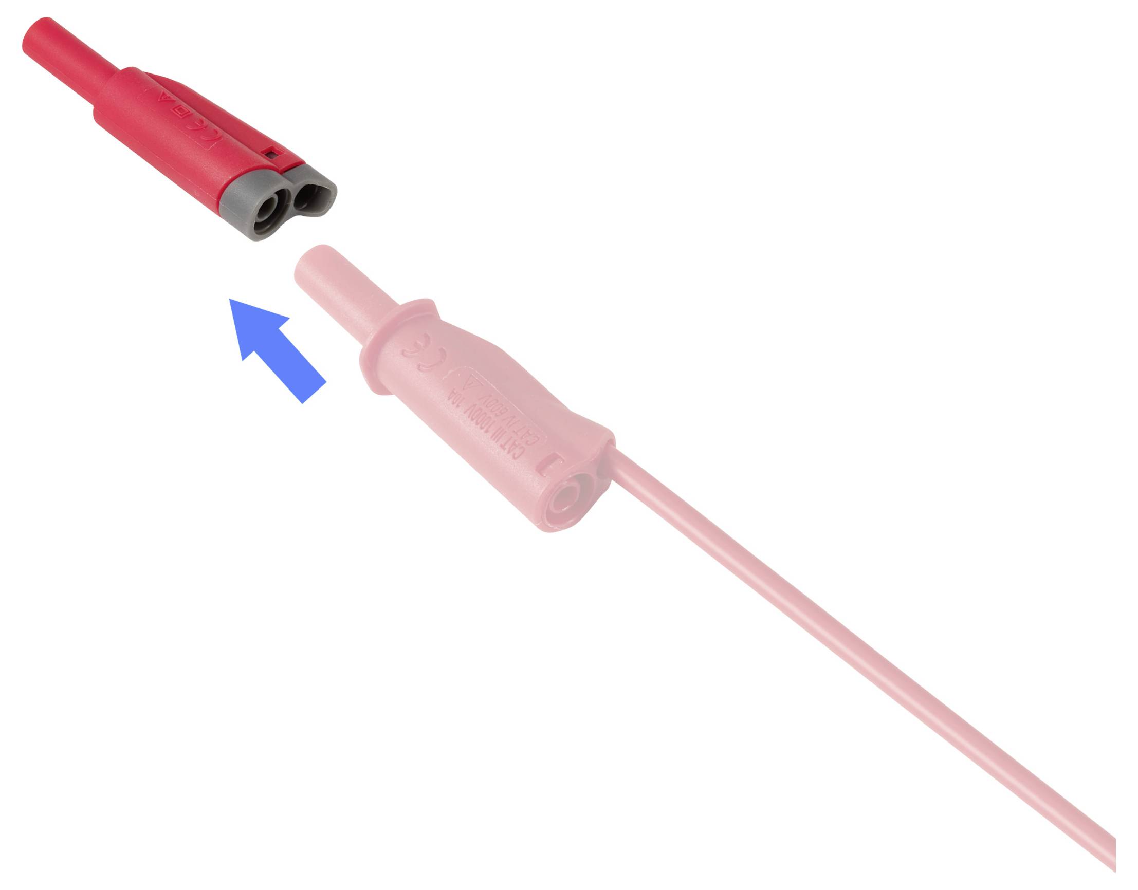 Roter Elektrostecker wird an einen passenden rosa Kabelstecker angeschlossen, mit einem Pfeil, der die Verbindungsrichtung anzeigt.