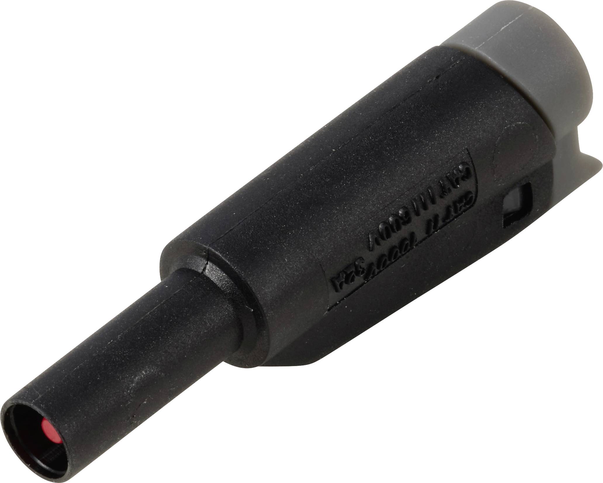 Schwarzer zylindrischer Elektrostecker mit roter Spitze und grauer Endkappe auf weißem Hintergrund.