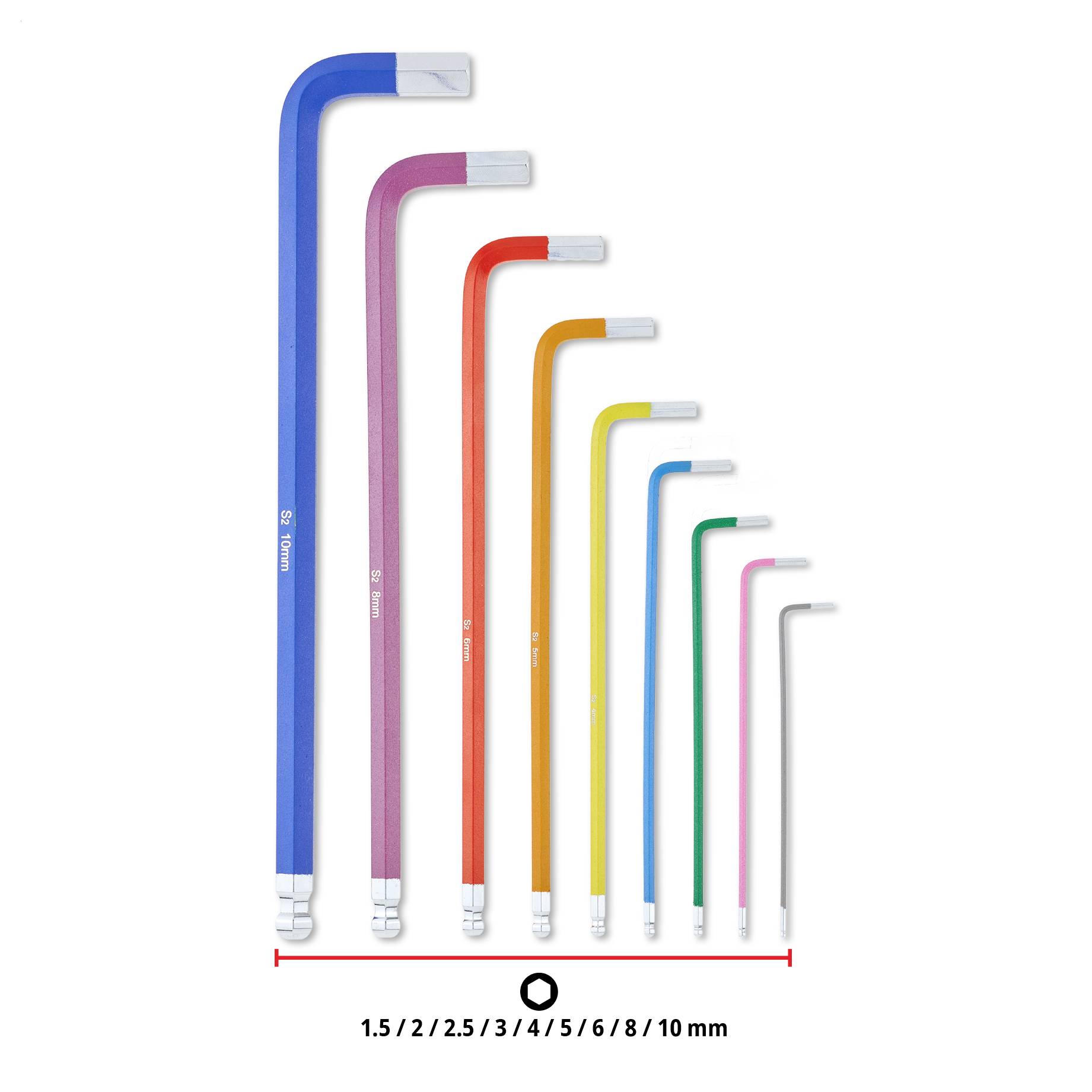 Satz von gewinkelte Sechskantschlüsseln in Größen von 1,5 bis 10 mm, dargestellt vom größten blauen Schlüssel bis zum kleinsten grauen, mit Größenskala darunter.