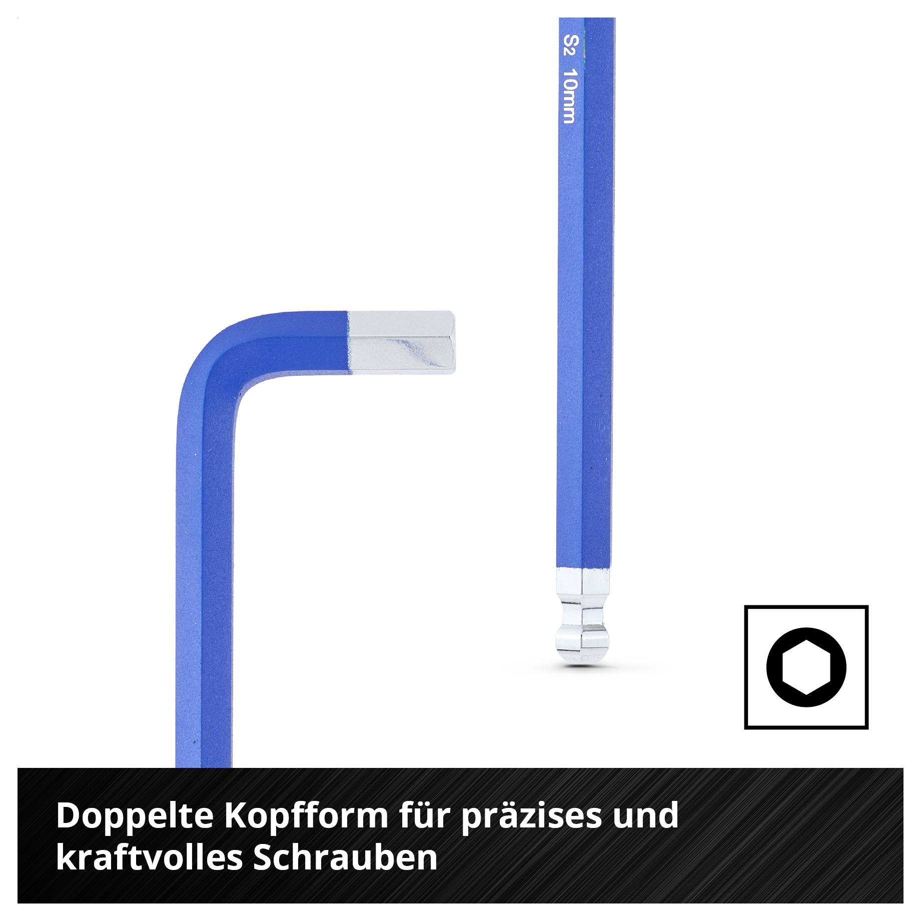 Produktabbildung eines blauen Inbusschlüssels mit Doppelkopf; Text: 'Doppelte Kopfform für präzises und kraftvolles Schrauben'.