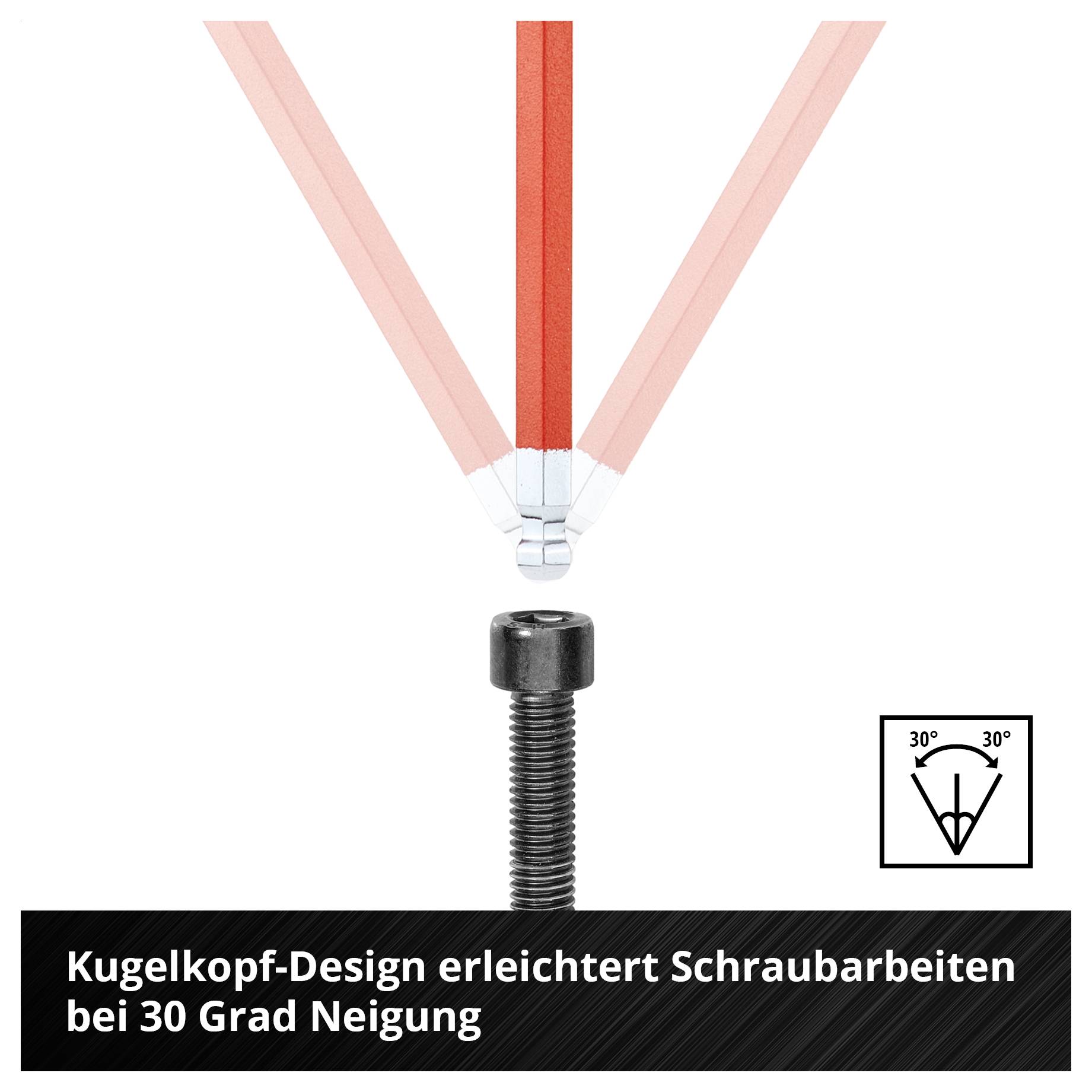 Illustration eines Kugelkopf-Bits über einer Schraube; Text: 'Kugelkopf-Design erleichtert Schraubarbeiten bei 30 Grad Neigung'.