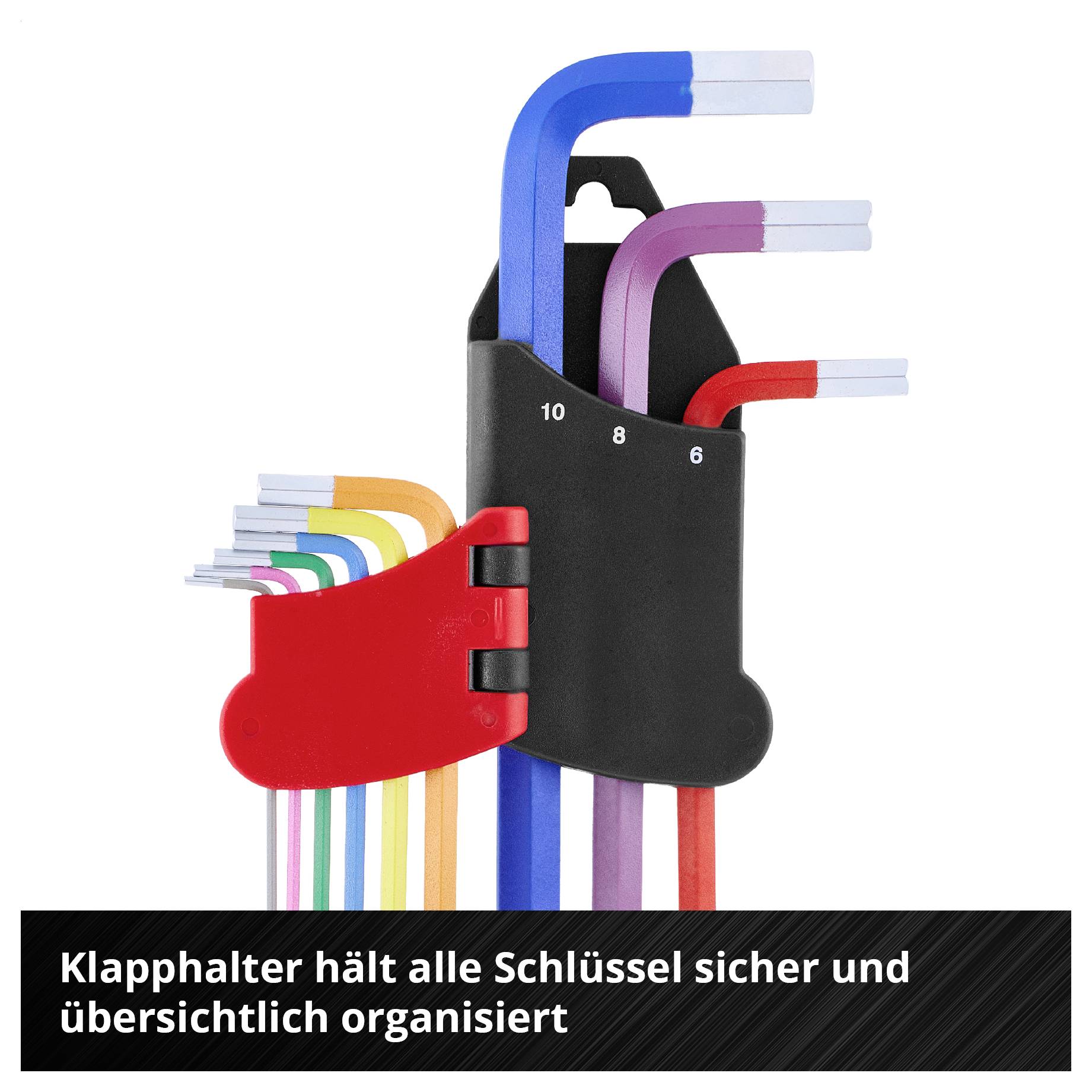 Klappbarer Inbusschlüsselhalter mit farbcodierten Sechskantschlüsseln, nummeriert 6, 8 und 10, zum sicheren und übersichtlichen Verstauen.