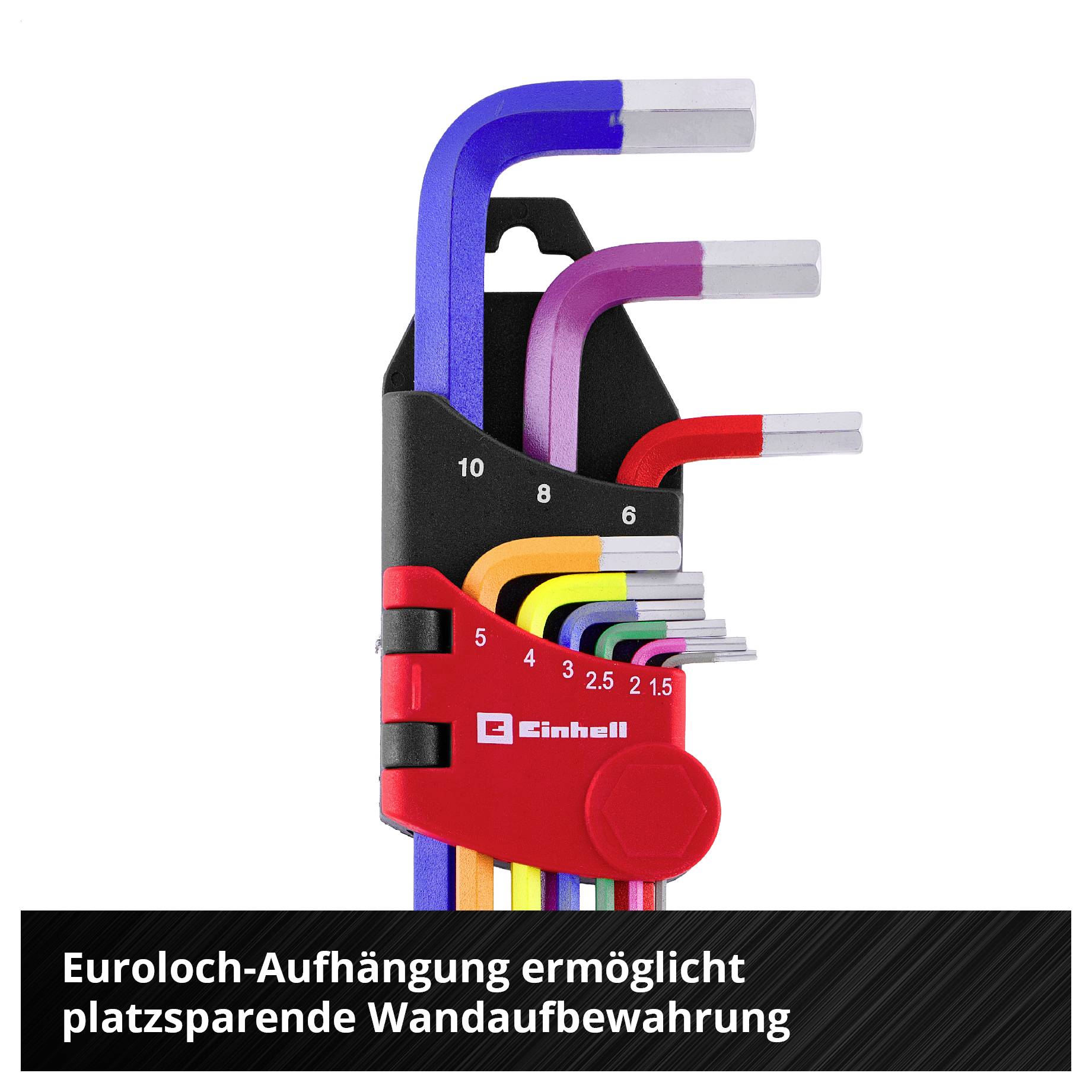 Bild eines farbigen Inbusschlüssel-Sets im Halter; der Text nennt 'Euroloc-Aufhängung' für platzsparende Wandaufbewahrung.
