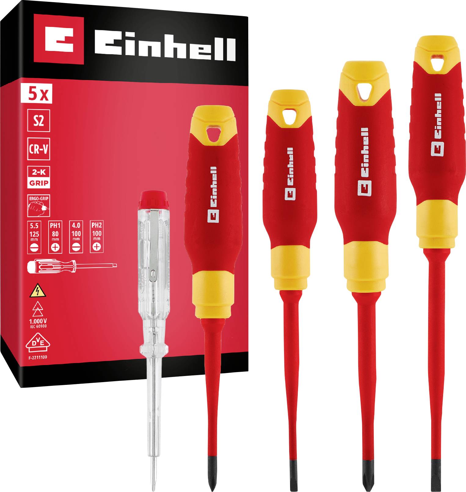 Einhell 5-teiliger Satz isolierter Schraubendreher mit rot-gelben Griffen und Verpackungskarton, einschließlich eines Prüfschraubendrehers.