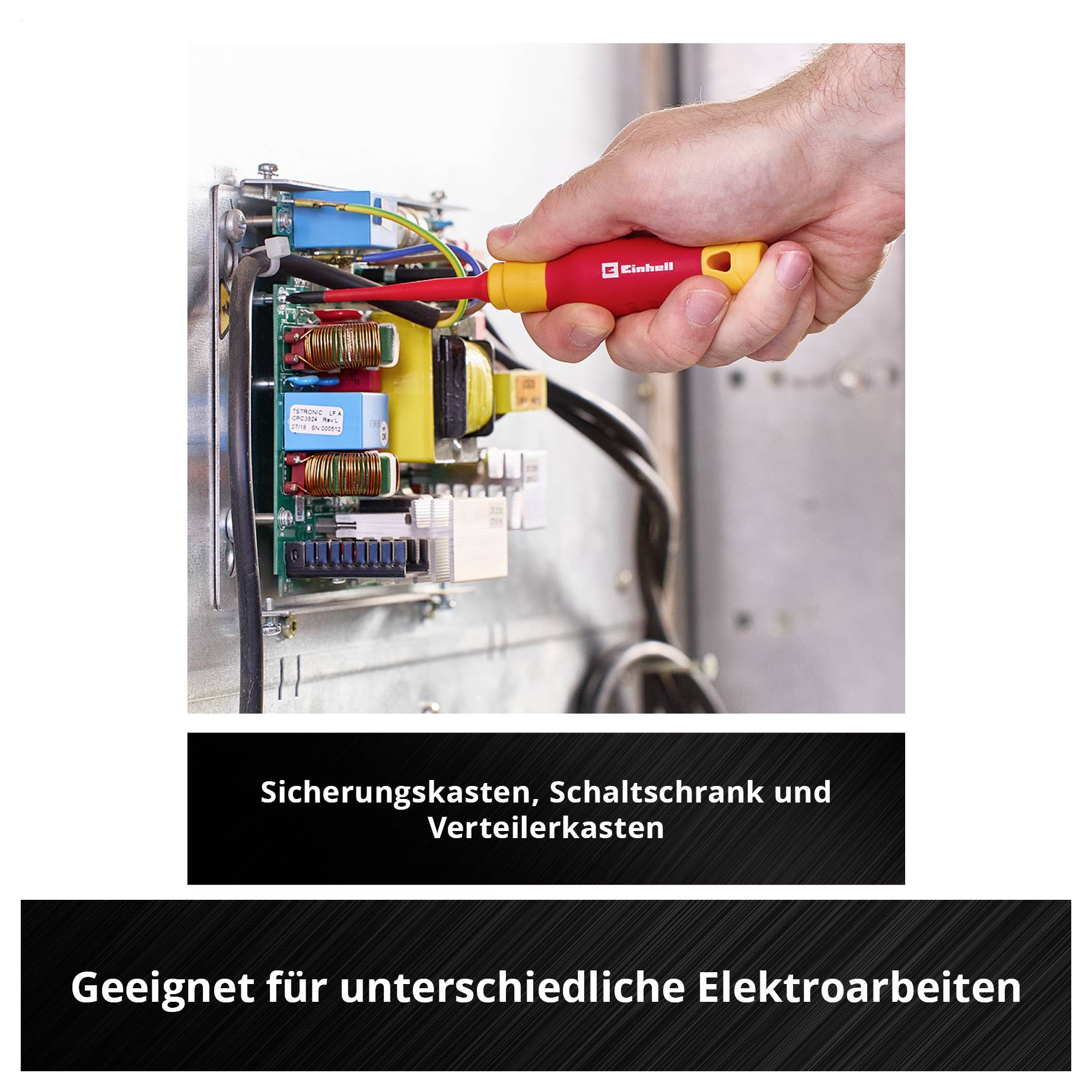 Ein Techniker hält einen roten Schraubendreher auf der Verkabelung eines offenen Elektrogerätes; Bildtext: „Robuste S2-Klingen verhindern Abrutschen beim Schrauben