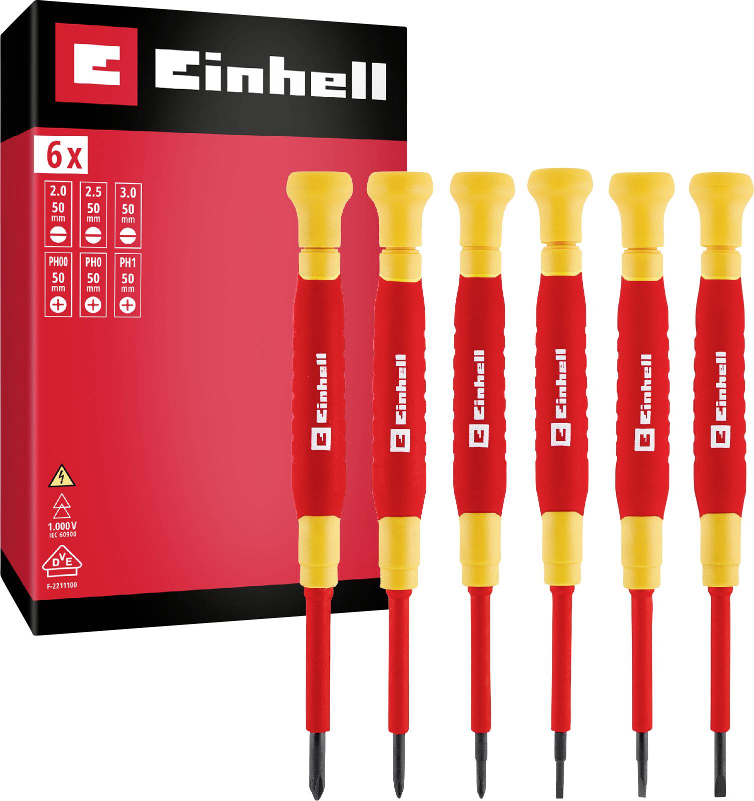 Einhell 6-teiliger Satz isolierter Präzisions-Schraubendreher in rot-gelber Verpackung, mit sechs aufrecht angeordneten Schraubendrehern.