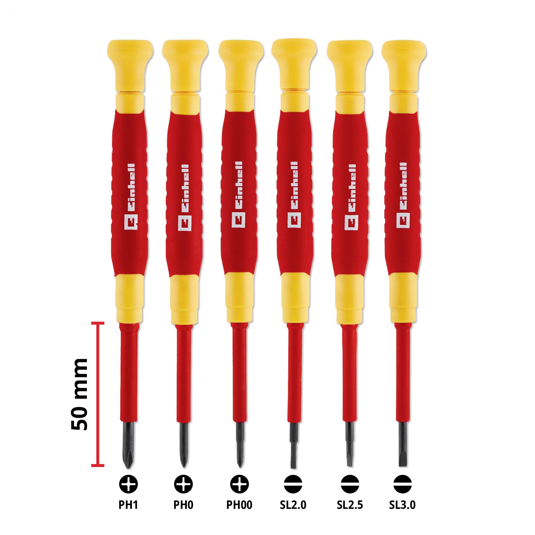Sechs isolierte Schraubendreher in Frontansicht mit den Größenangaben PH1, PH0, PH00, SL2.0, SL2.5 und SL3.0; Schaftlänge von 50 mm angegeben.