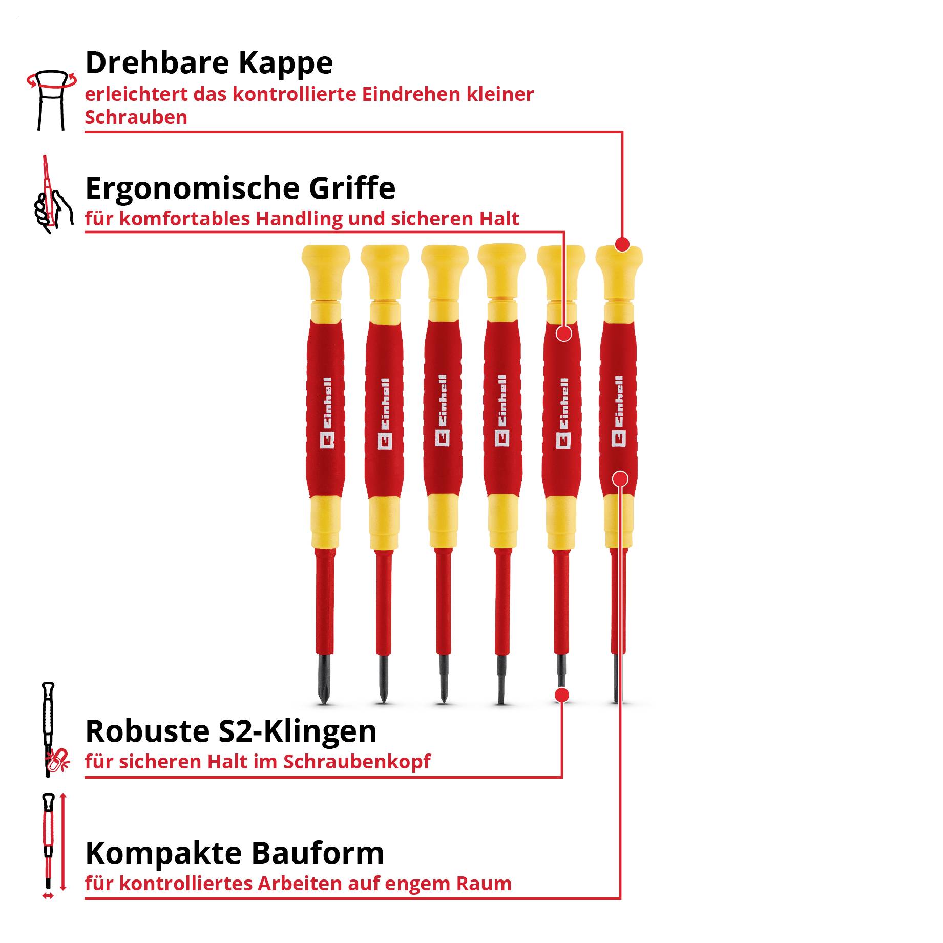 Infografik mit sechs rot-gelben Schraubendrehern und hervorgehobenen Vorteilen: drehbare Kappe, ergonomische Griffe, robuste S2-Klingen, kompakte Bauform.