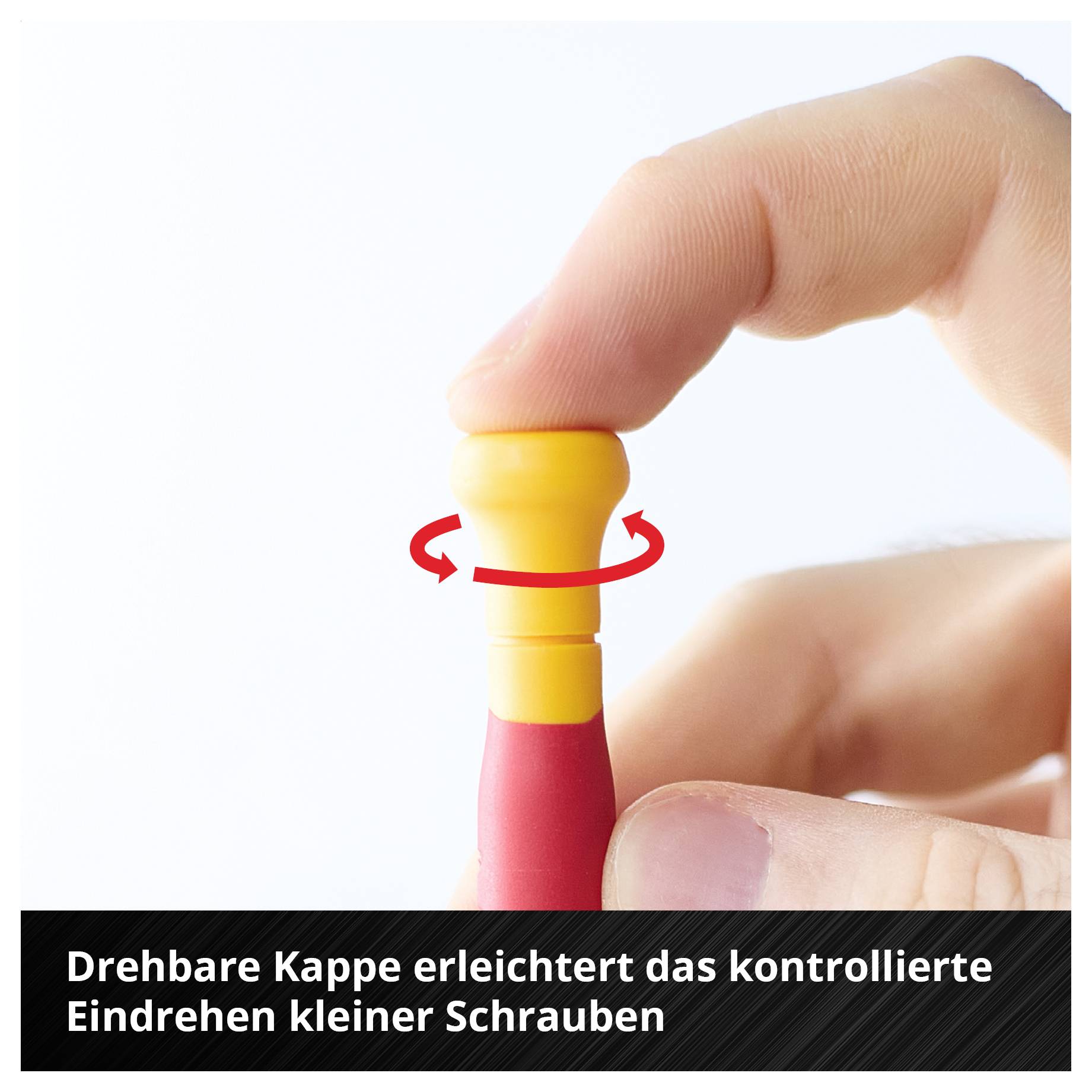 Hand dreht eine gelbe Kappe auf einem roten Werkzeug; Pfeile zeigen das kontrollierte Eindrehen kleiner Schrauben.