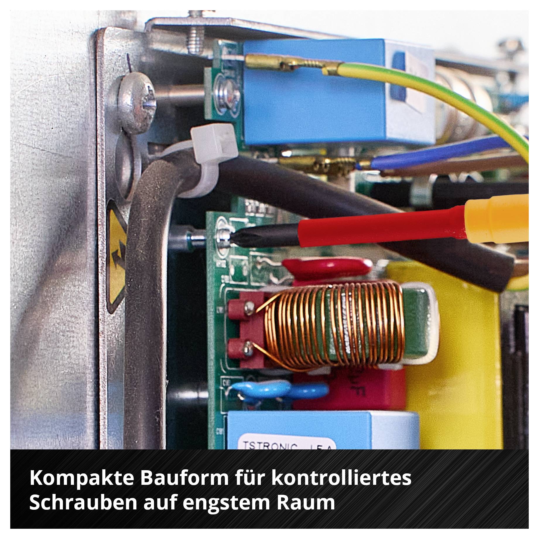 Detailansicht eines kompakten Elektronikbauteils mit Spule und Kabeln; unten steht: 'Kompakte Bauform für kontrolliertes Schrauben auf engstem Raum'