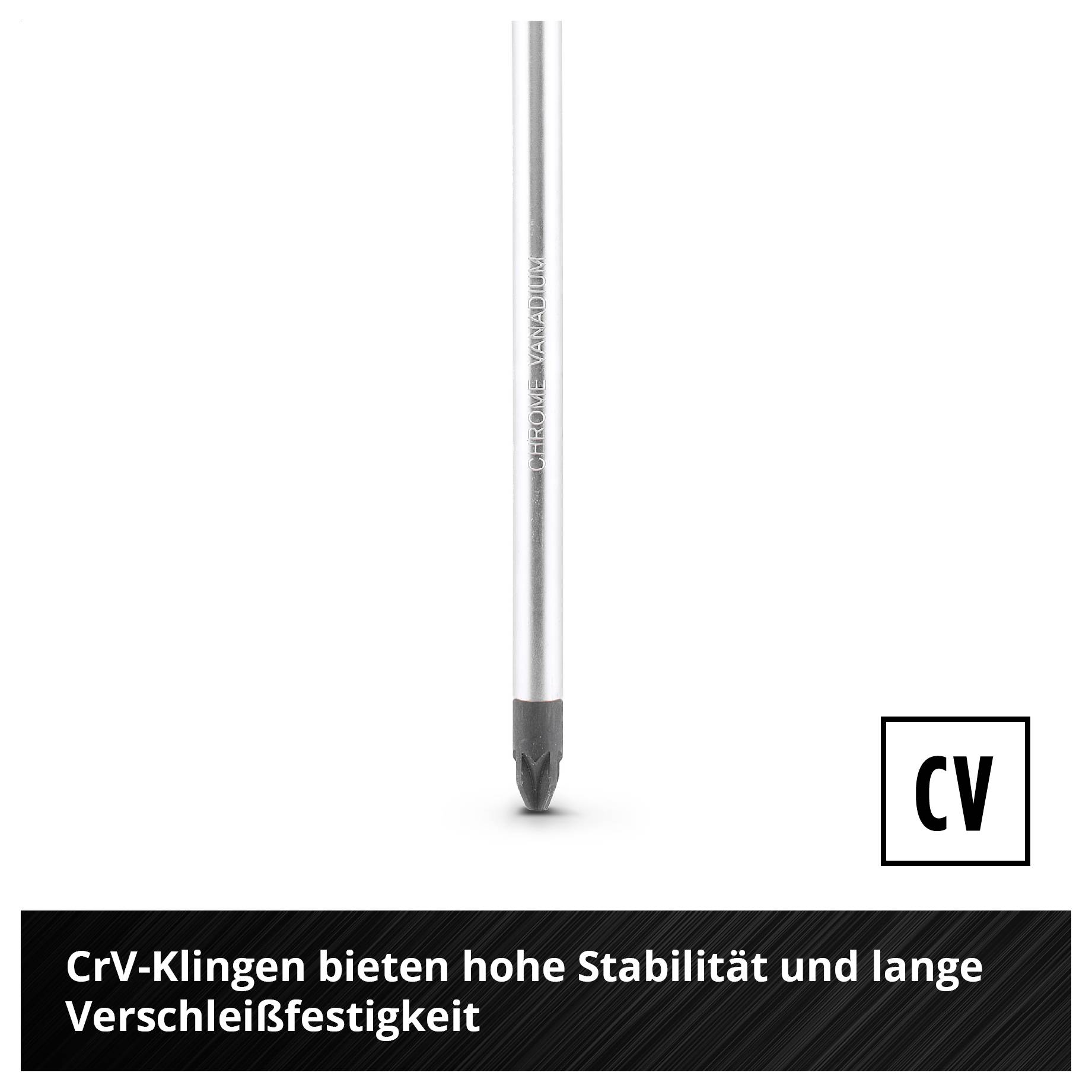 Silberner Bohrer mit CV-Kennzeichnung; Text: 'CrV-Klingen bieten hohe Stabilität und lange Verschleißfestigkeit'.