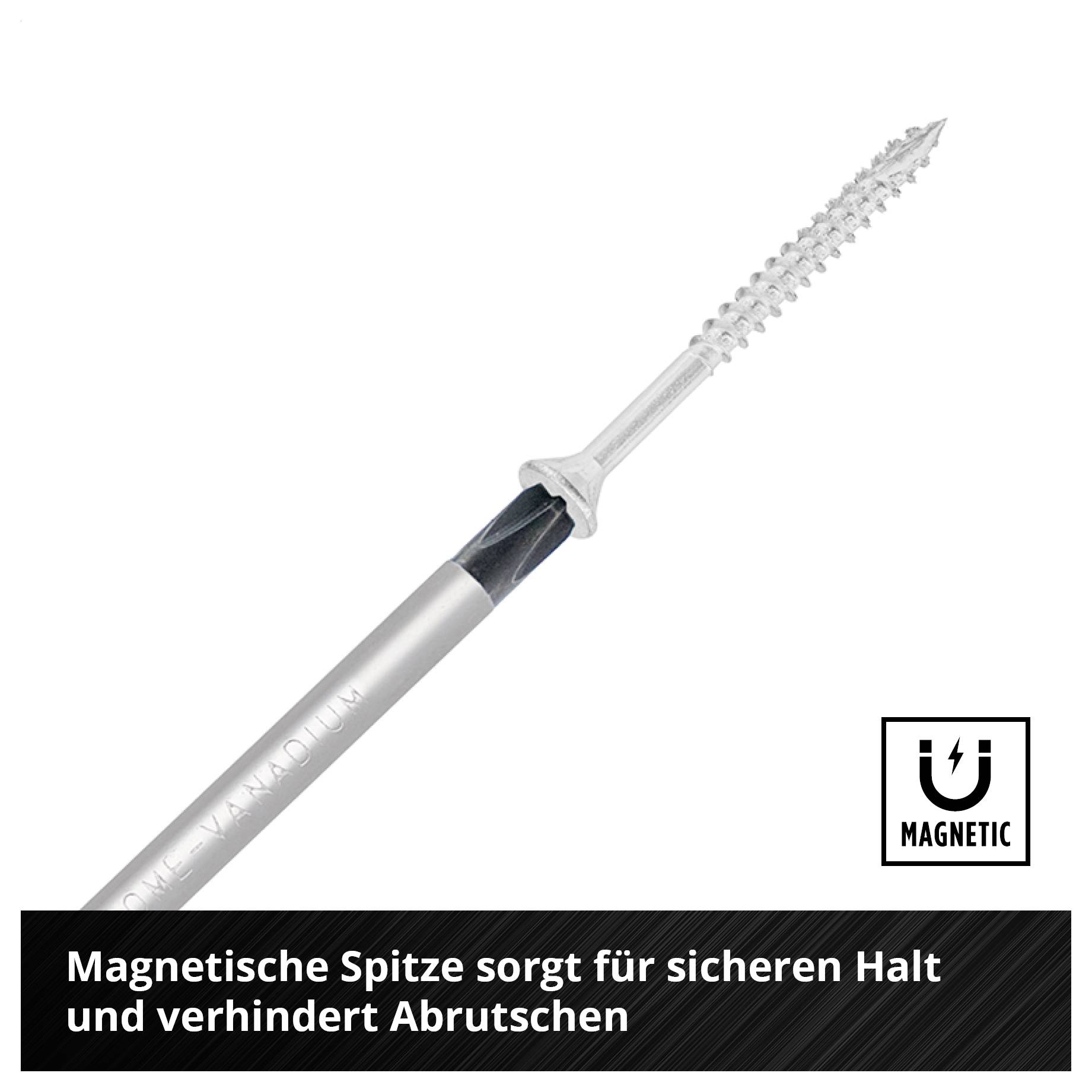 Werbesbild eines Schraubendrehers mit magnetischer Spitze; Text: 'Magnetische Spitze sorgt für sicheren Halt und verhindert Abrutschen'.