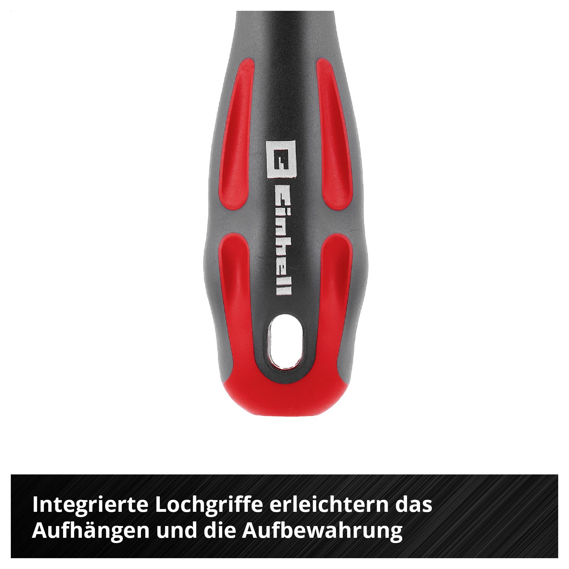 Schwarz-rote Griffzone mit integrierter Lochöffnung; Text: 'Integrierte Lochgriffe erleichtern das Aufhängen und die Aufbewahrung'