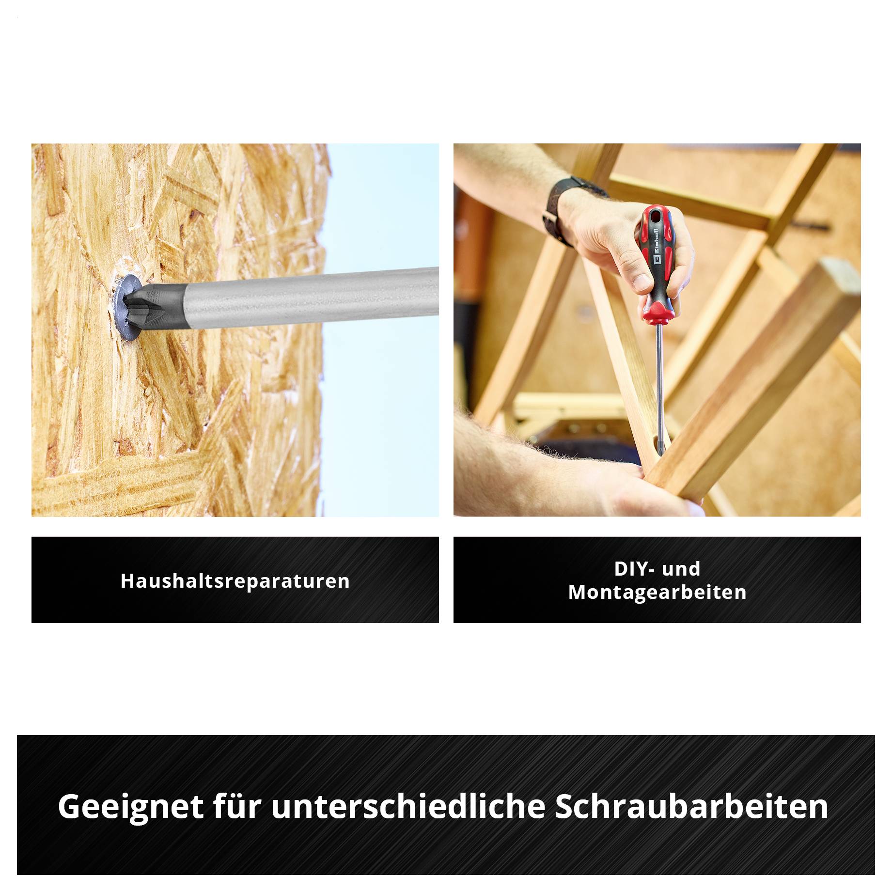 Werbeabbildung für Schraubarbeiten: links Bohrer in Holz, rechts Schraubendreher bei Montage; darunter 'Haushaltsreparaturen', 'DIY- und Montagearbeiten', 'Geeignet für unterschiedliche Schraubarbeiten'.