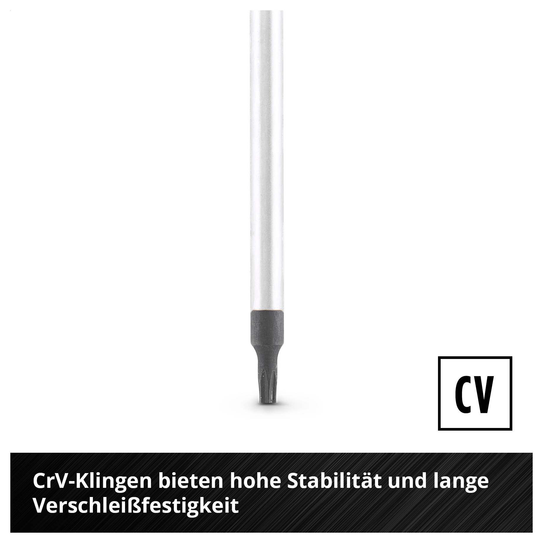 Abgebildet ist eine CrV-Klinge; der Text betont hohe Stabilität und lange Verschleißfestigkeit.