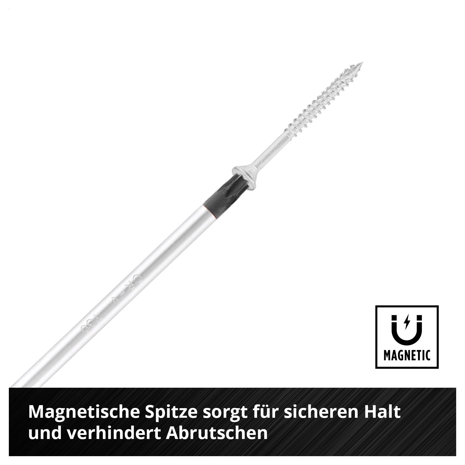 Silberner Teleskopstab mit magnetischer Spitze; hält Metallteile sicher und verhindert Abrutschen.