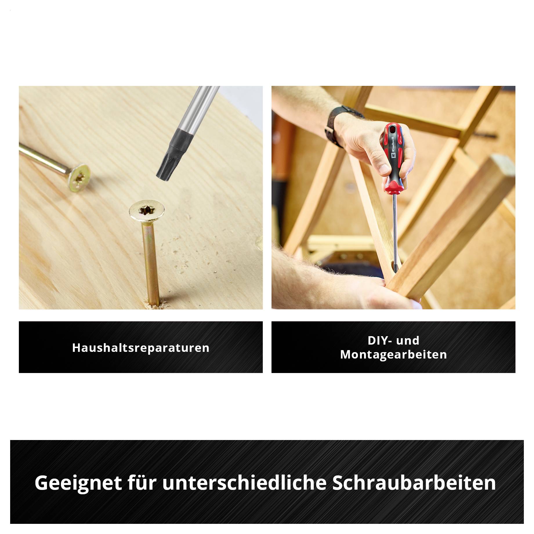 Werbegrafik mit zwei Schraubarbeiten: links Schraube in Holz, rechts Person mit Schraubendreher an Möbelstück; Text: 'Haushaltsreparaturen', 'DIY- und Montagearbeiten', 'Geeignet für unterschiedliche Schraubarbeiten'.