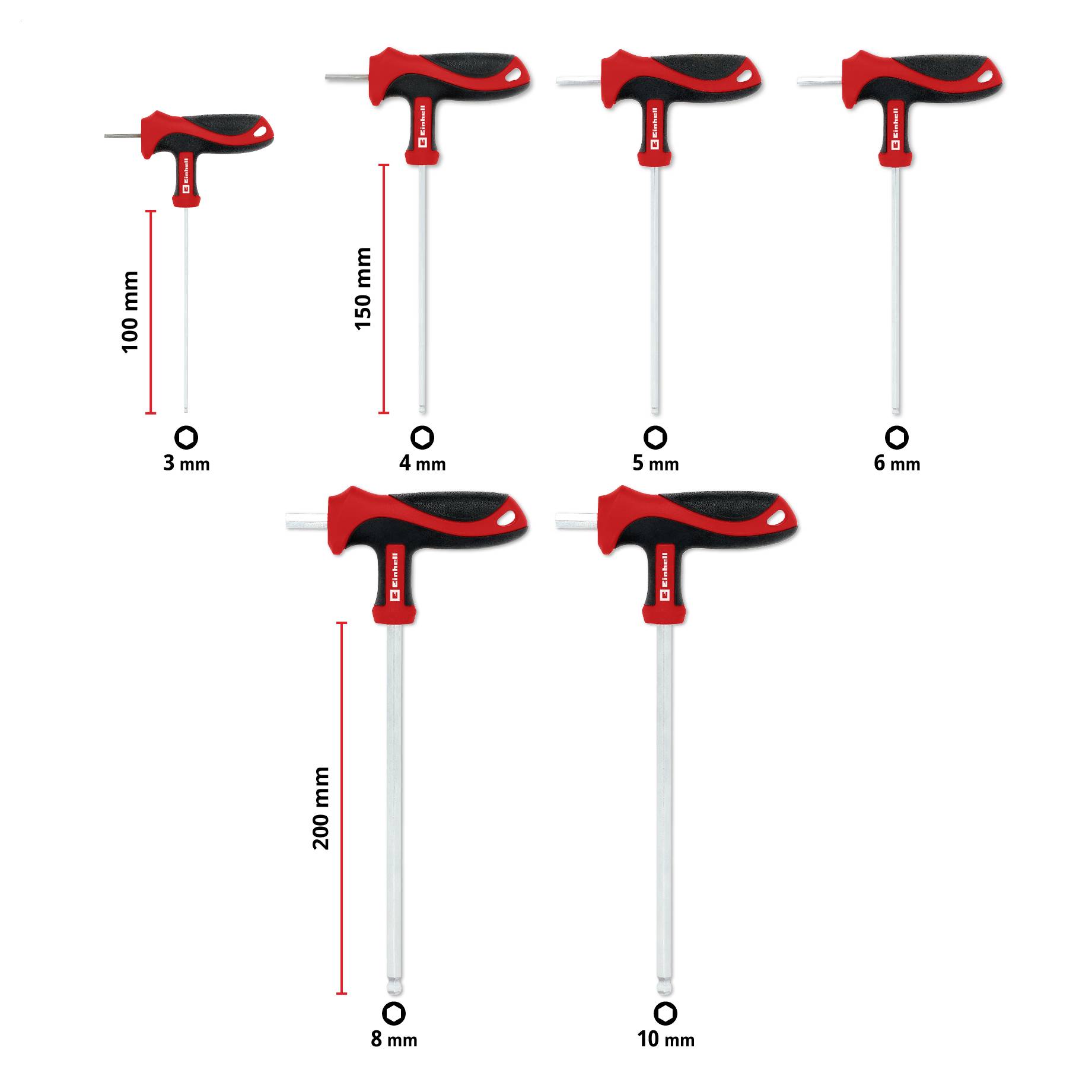 Satz von T-Griff-Innensechskantschlüsseln in verschiedenen Größen, beschriftet mit 3 mm, 4 mm, 5 mm, 6 mm, 8 mm und 10 mm, mit Längen von 100 mm bis 200 mm.